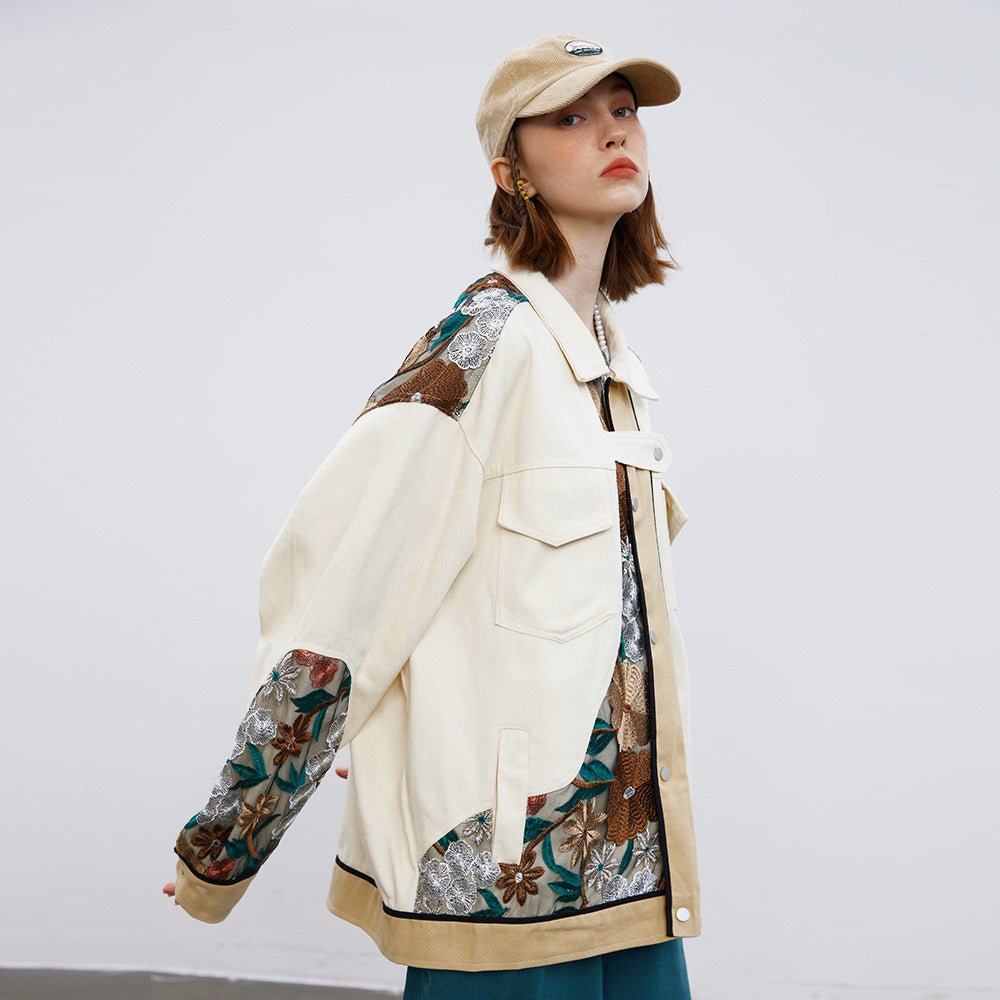 Unisex Stitching Lace Coat – Casual Khaki Jacket for Youth