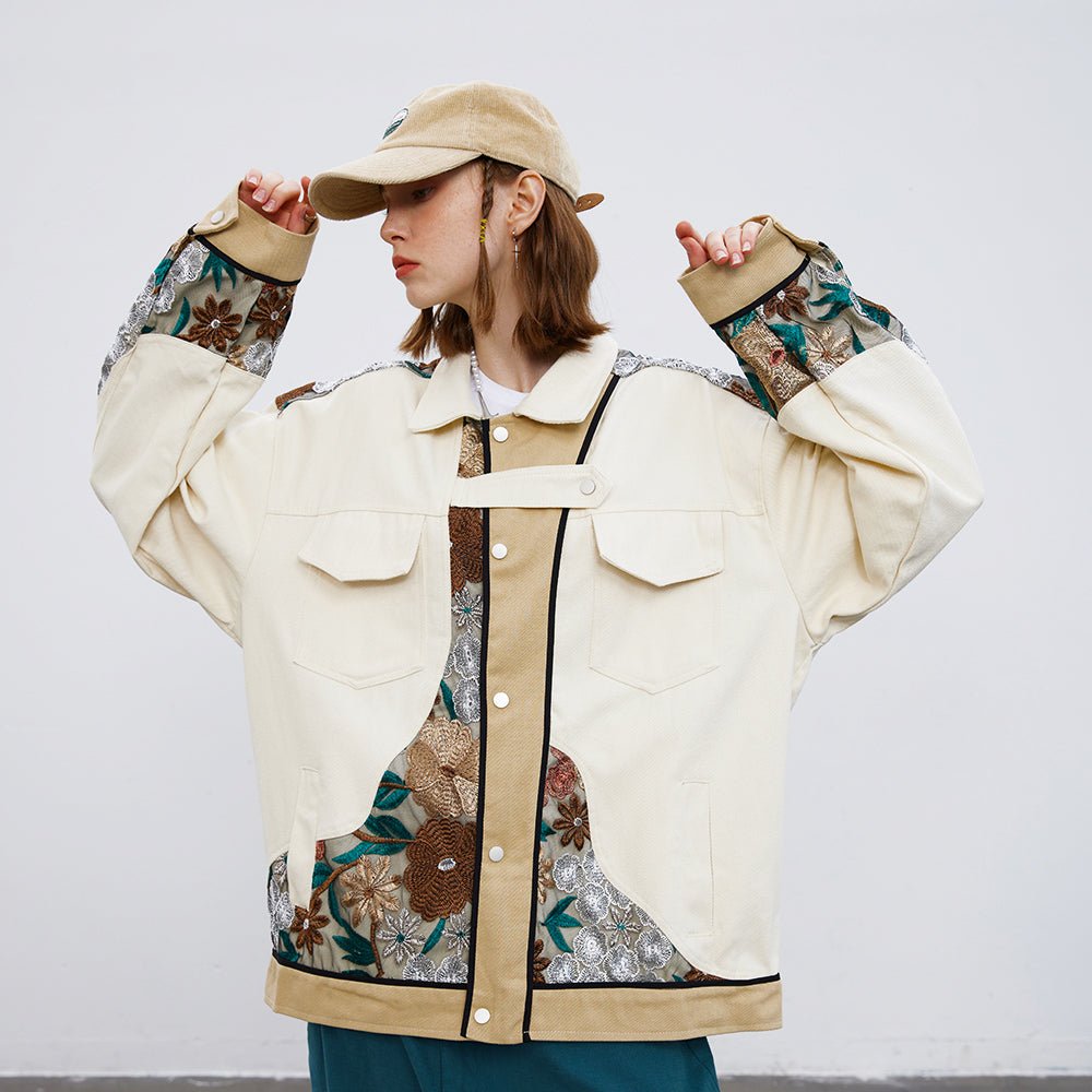 Unisex Stitching Lace Coat – Casual Khaki Jacket for Youth