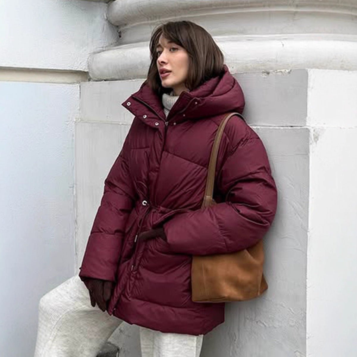 Wine Red Hooded Cotton Jacket