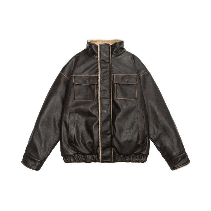 Winter Coat PU Leather Coat with Lamb Wool Lining