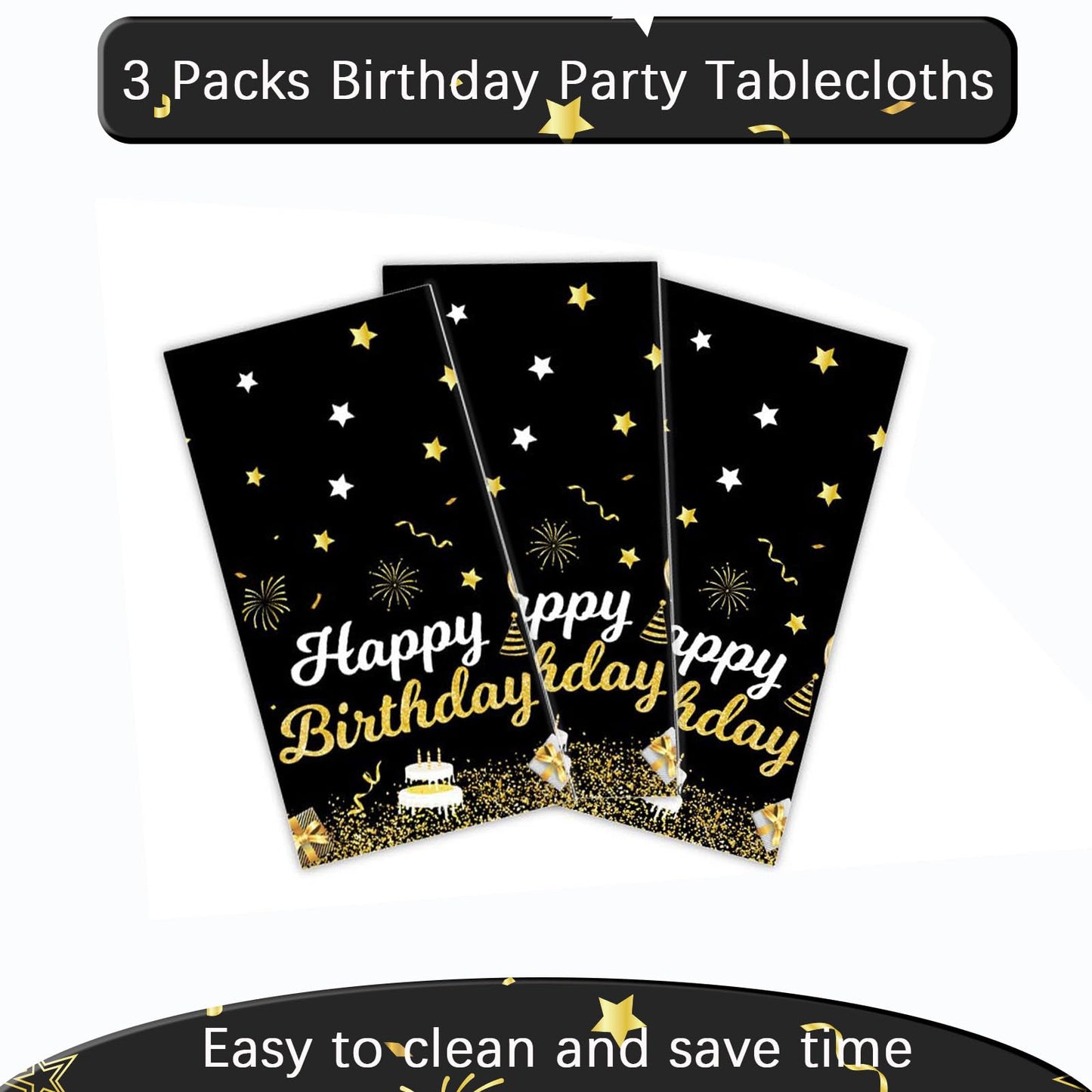 MRJ 3 Pack Gold and Black Happy Birthday Tablecloths 54x108 – Star Table Cover