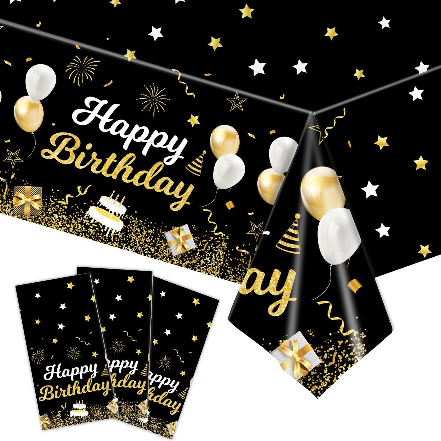MRJ 3 Pack Gold and Black Happy Birthday Tablecloths 54x108 – Star Table Cover