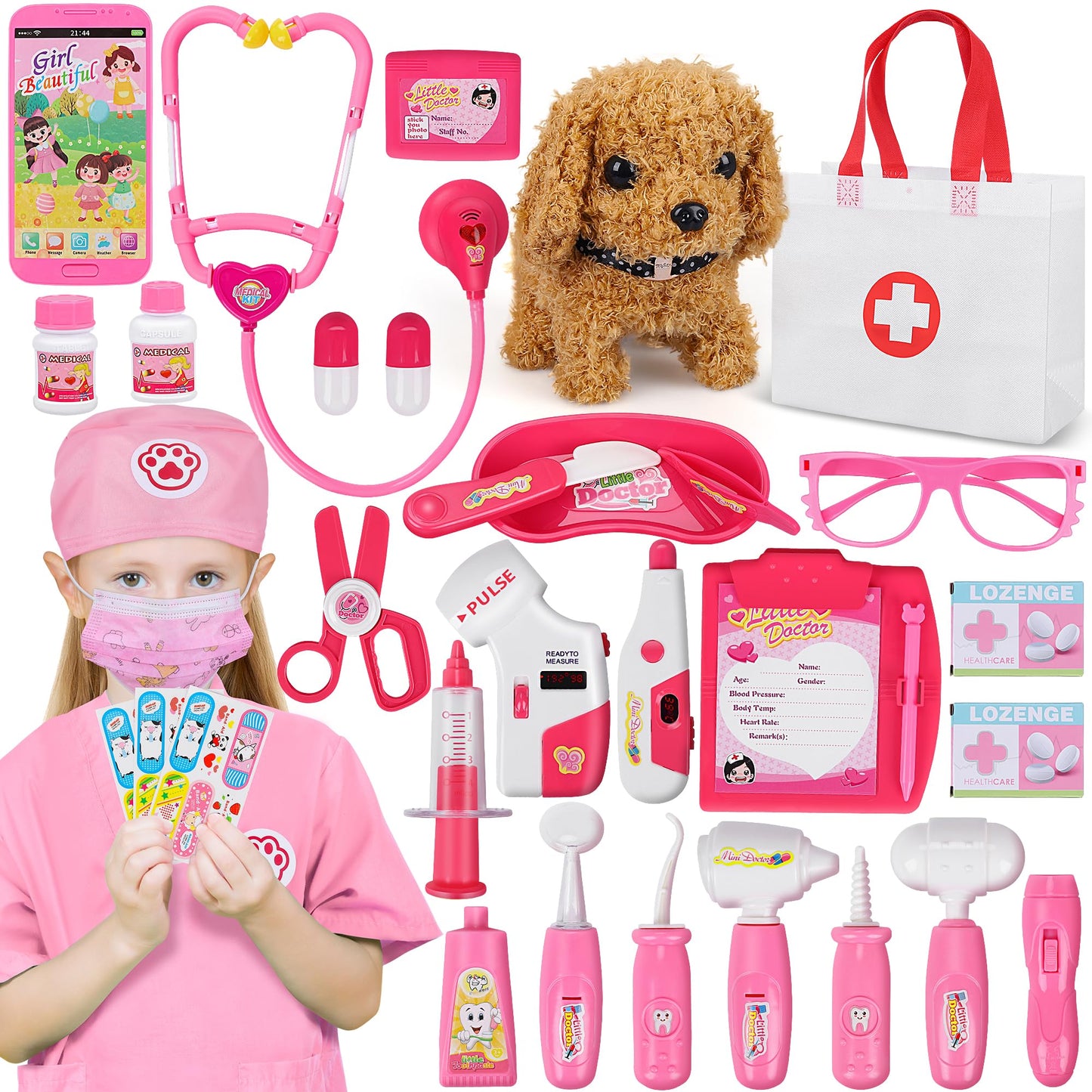 MR.TN 33Pcs Pet Doctor Kit for Kids Ages 3-8 – Dress Up Vet Roleplay Set
