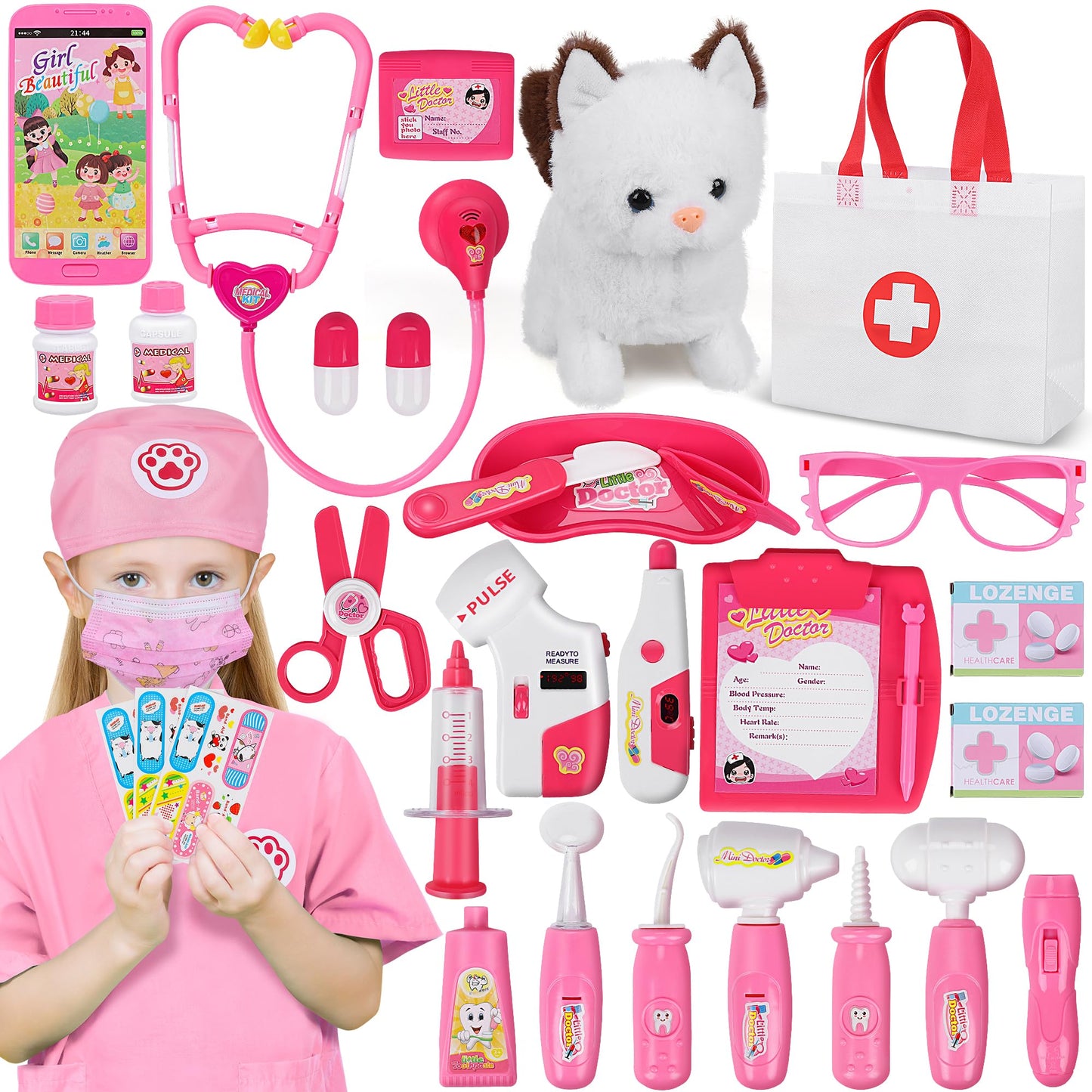 MR.TN 33Pcs Pet Doctor Kit for Kids – Pretend Vet Dress-Up with Cat Toy