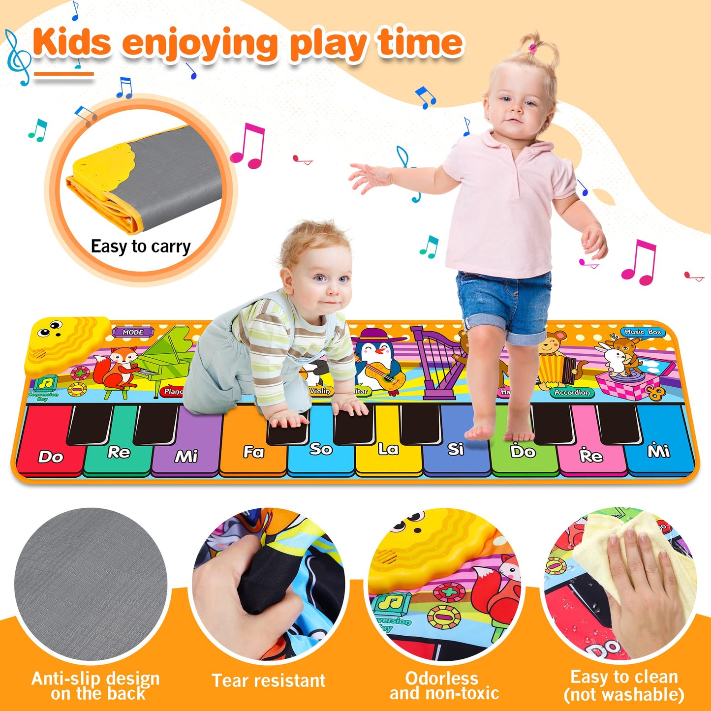 MR.TN Kids Musical Piano Mat — 25 Sounds, 2 Modes, Foldable Floor Playmat for Toddlers