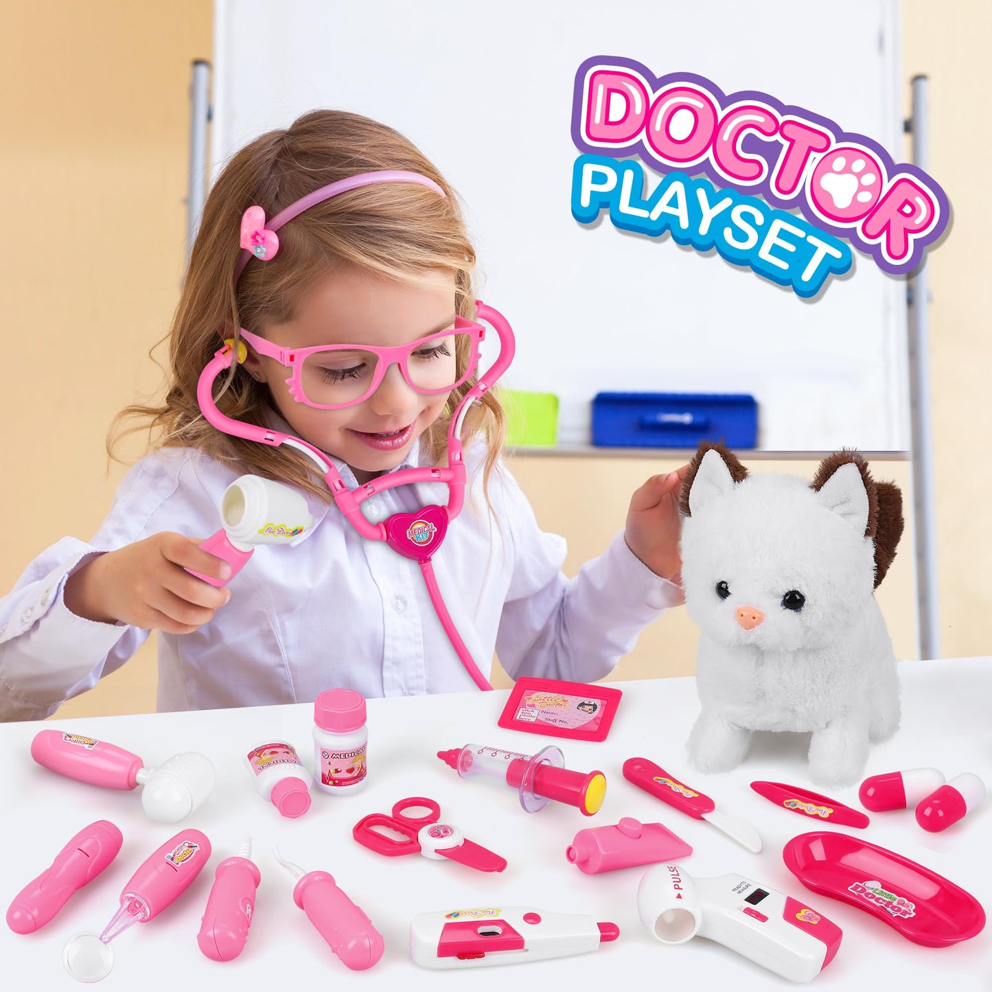 MR.TN 33Pcs Pet Doctor Kit for Kids – Pretend Vet Dress-Up with Cat Toy