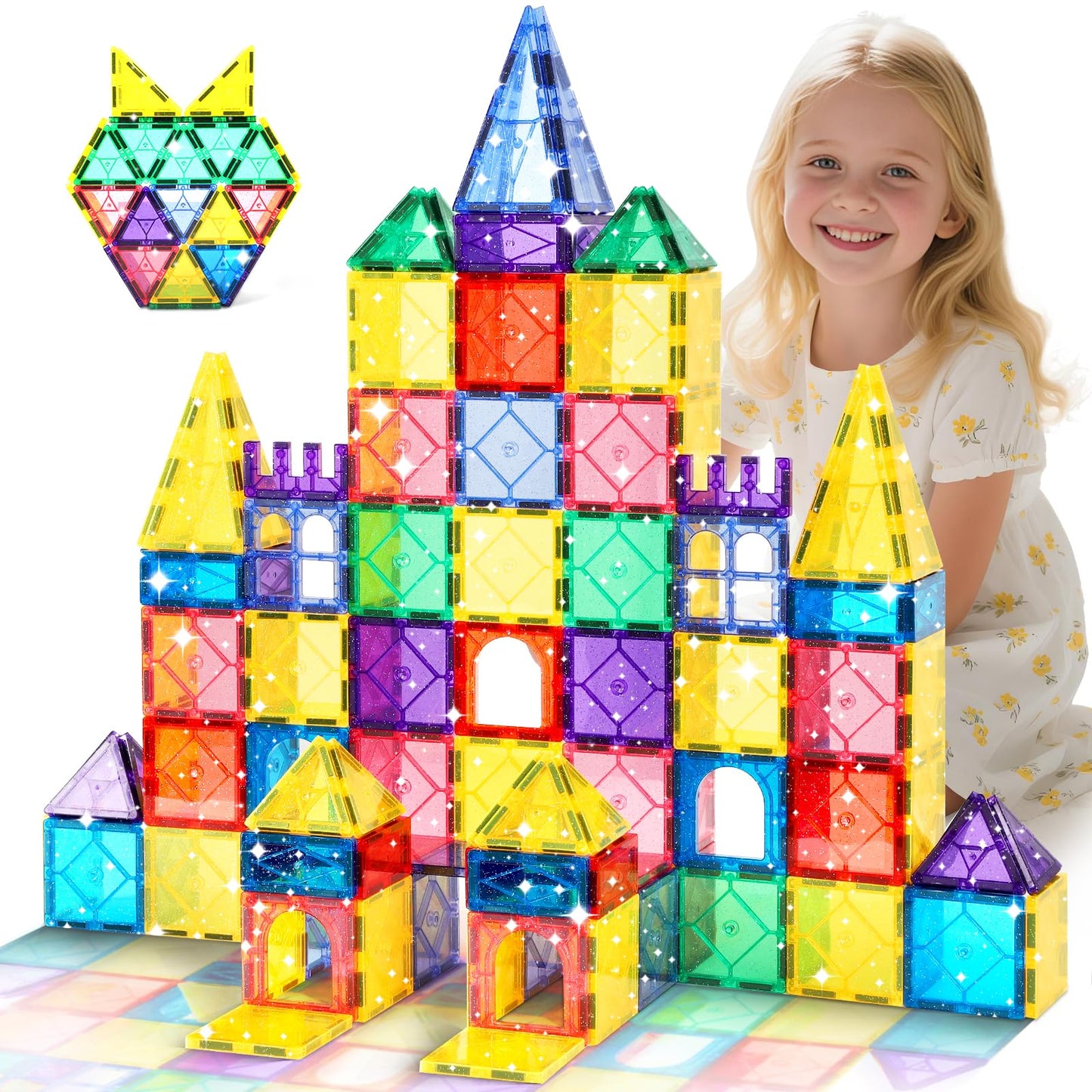Mruikeny 100-Piece Glitter Magnetic Tiles for Kids 4-8 | STEM Building Blocks