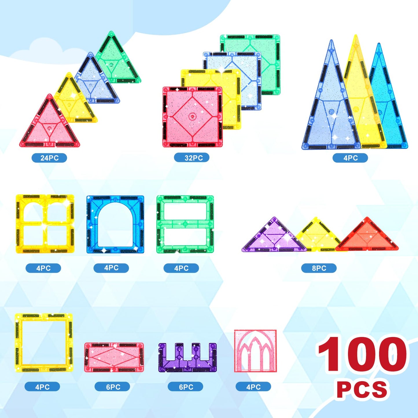 Mruikeny 100-Piece Glitter Magnetic Tiles for Kids 4-8 | STEM Building Blocks