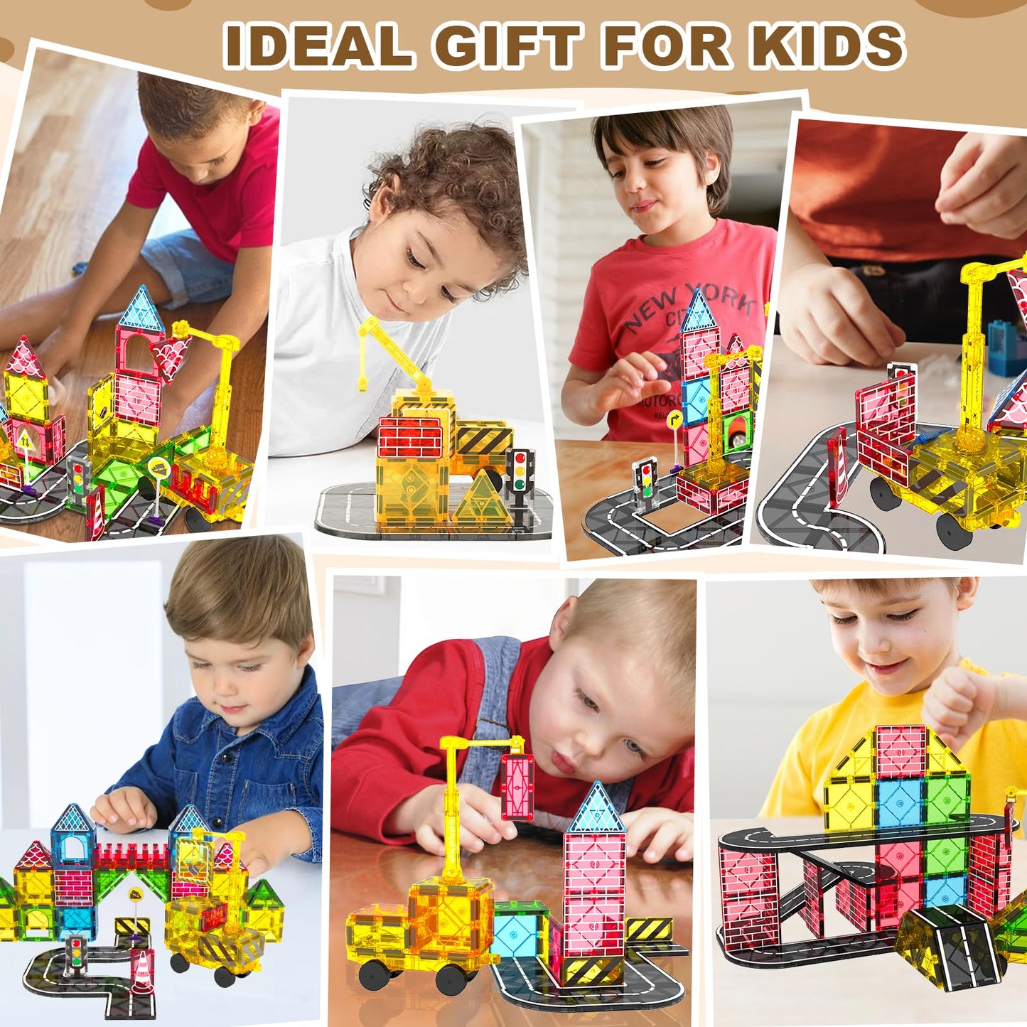Mruikeny Magnetic Tiles Road Set – Magnetic City Construction Toys with Crane for Ages 3–8