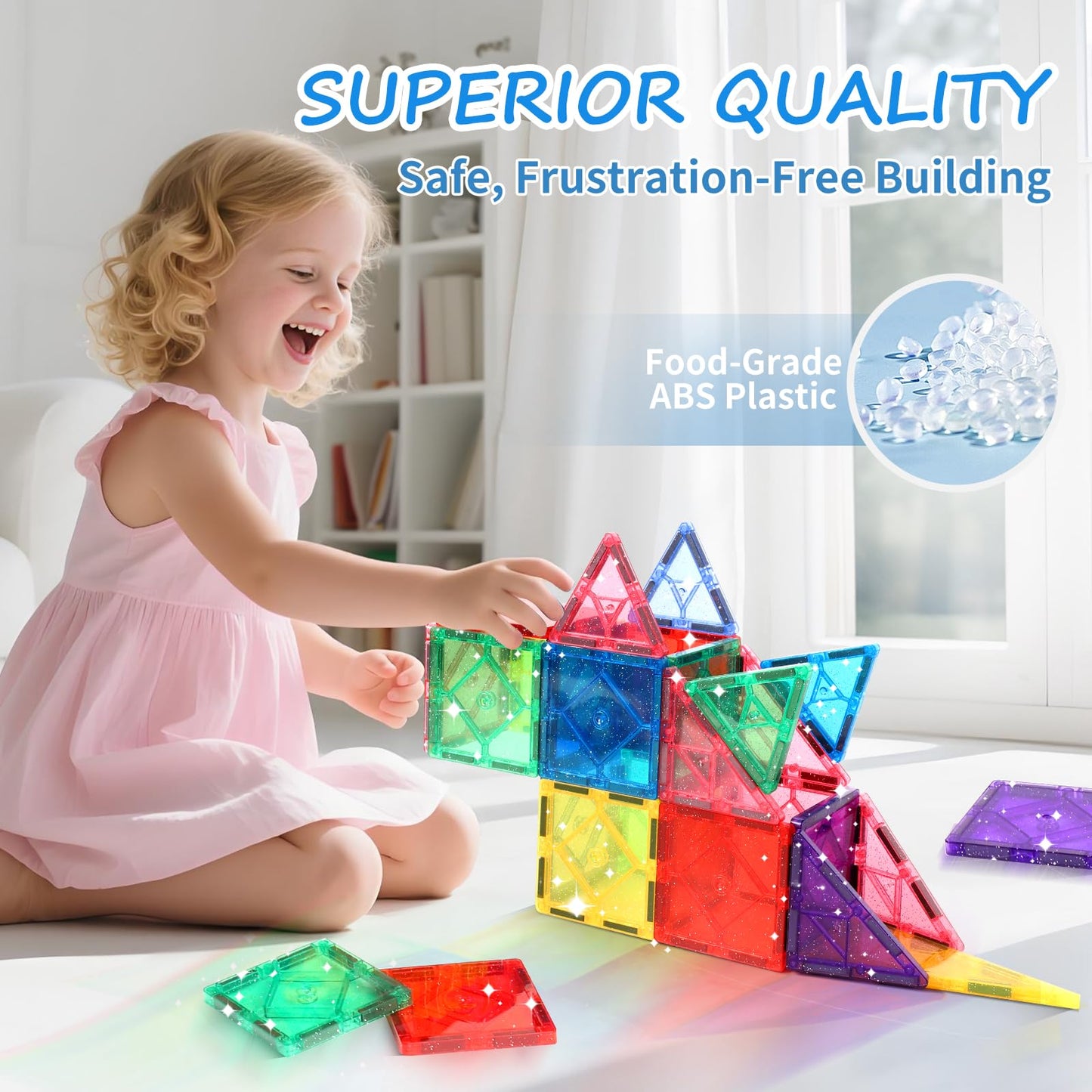 Mruikeny 100-Piece Glitter Magnetic Tiles for Kids 4-8 | STEM Building Blocks