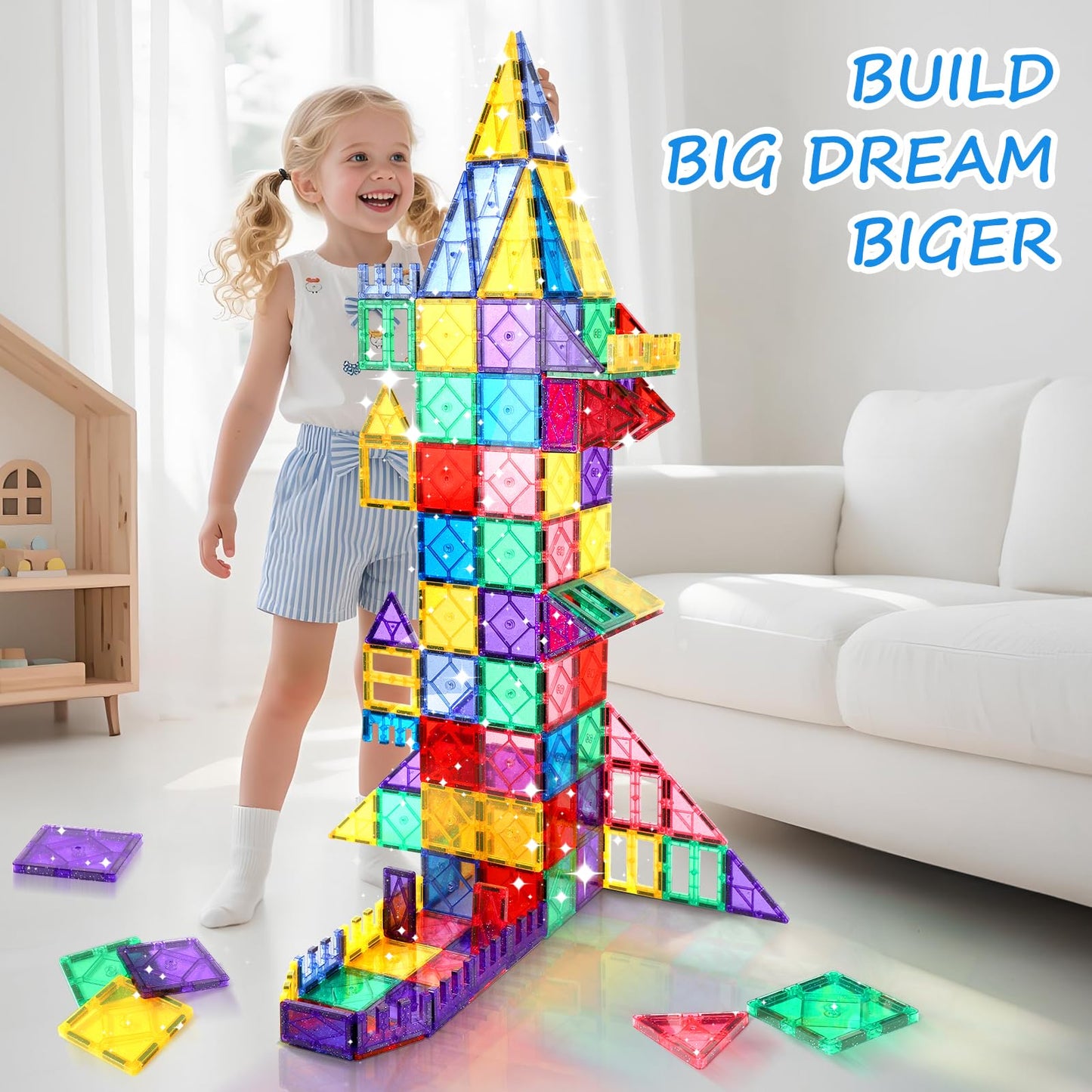 Mruikeny 100-Piece Glitter Magnetic Tiles for Kids 4-8 | STEM Building Blocks