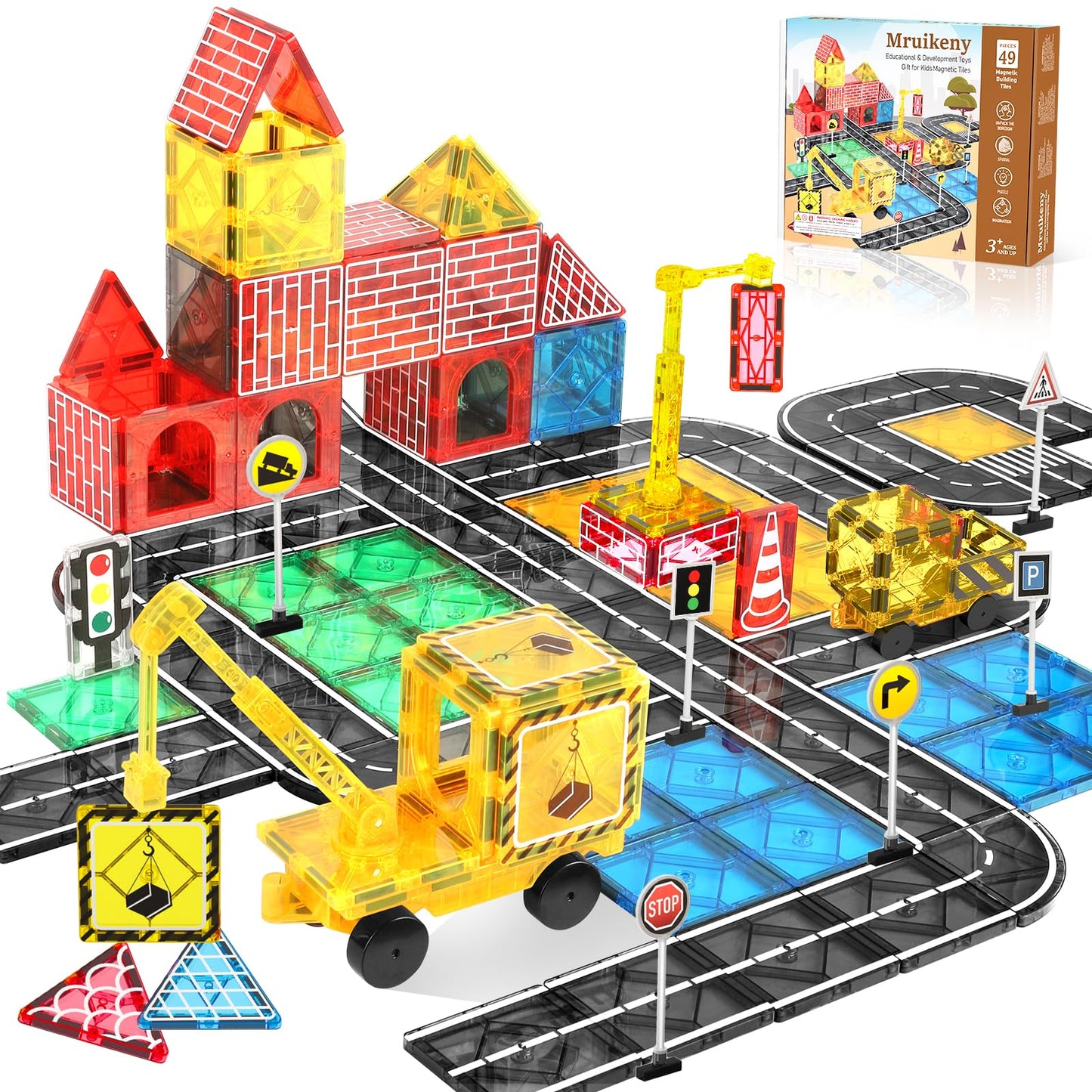 Mruikeny Magnetic Tiles Road Set – Magnetic City Construction Toys with Crane for Ages 3–8