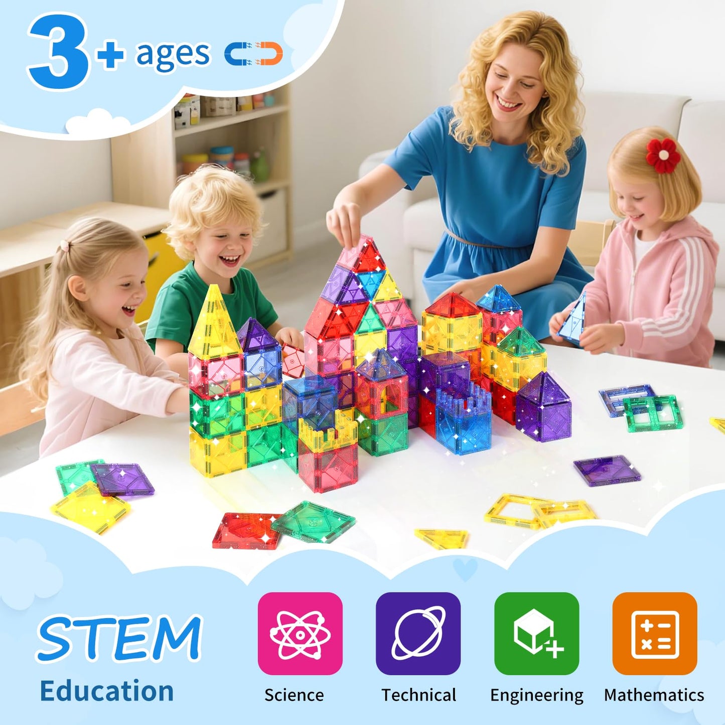 Mruikeny 100-Piece Glitter Magnetic Tiles for Kids 4-8 | STEM Building Blocks