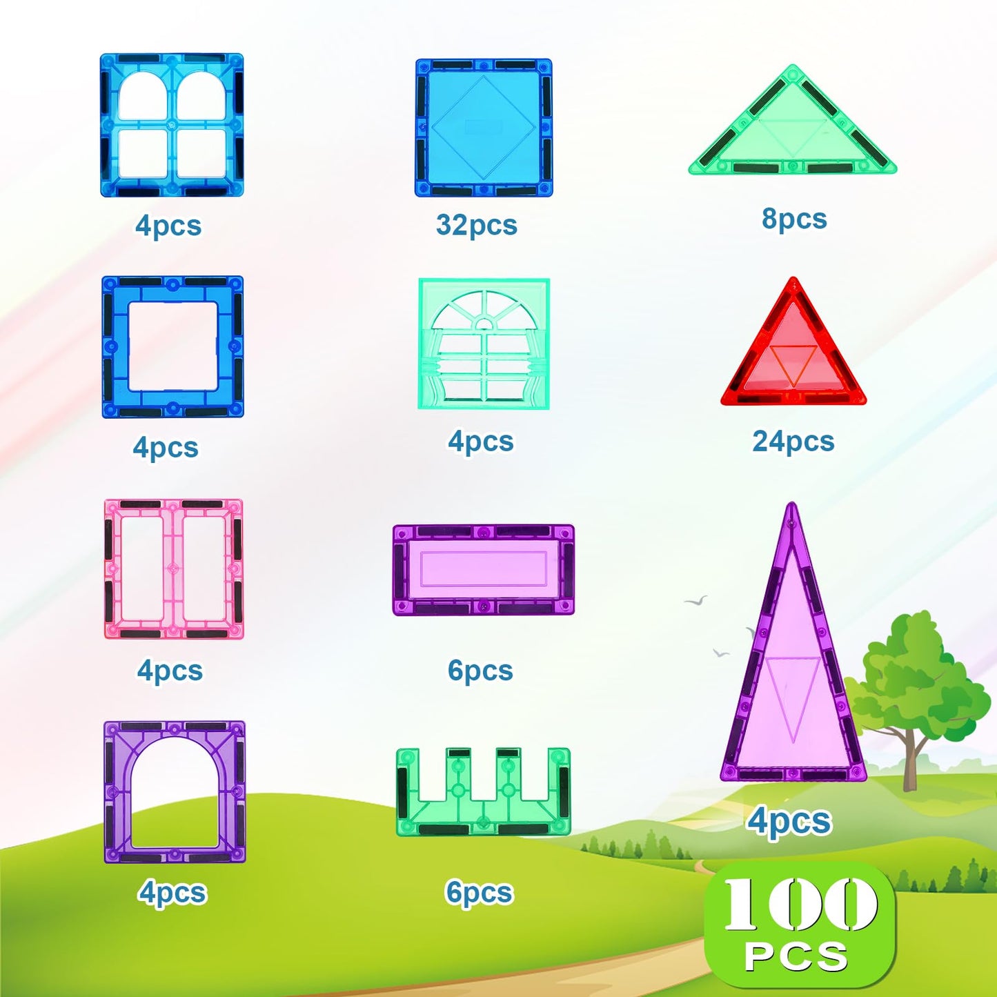 Mruikeny 100PCS Magnetic Tiles – STEM Building Set for Kids 3-8 | Sensory Montessori Toy
