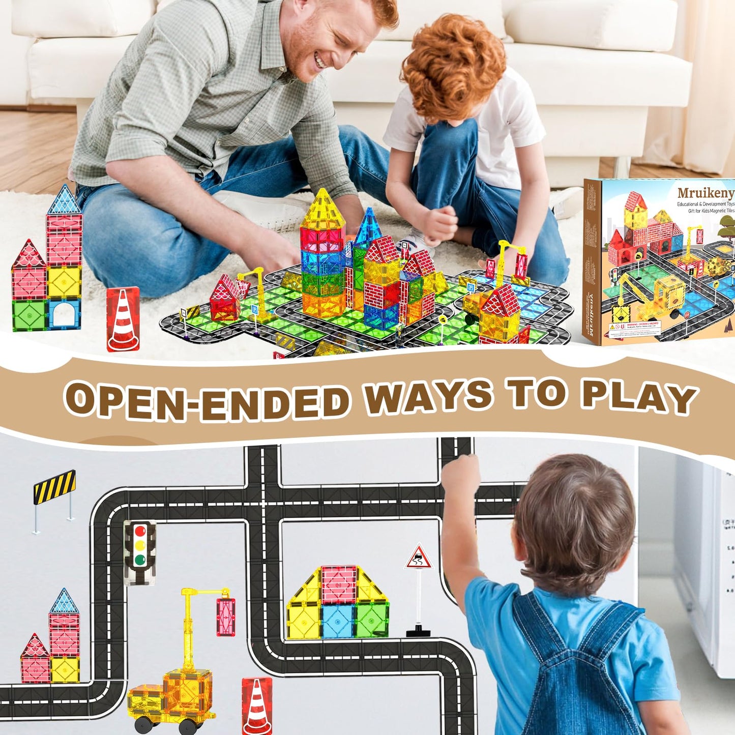 Mruikeny Magnetic Tiles Road Set – Magnetic City Construction Toys with Crane for Ages 3–8
