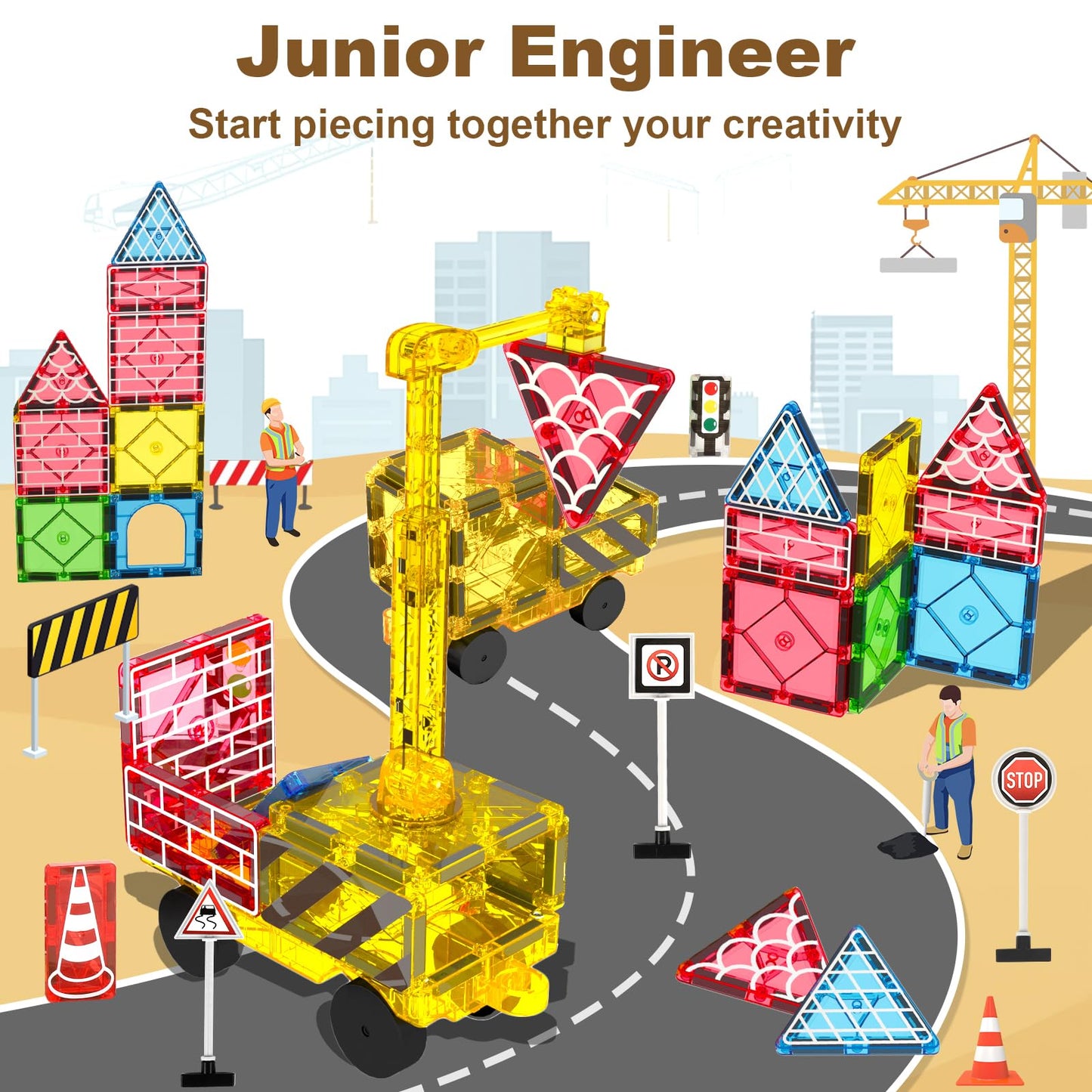 Mruikeny Magnetic Tiles Road Set – Magnetic City Construction Toys with Crane for Ages 3–8