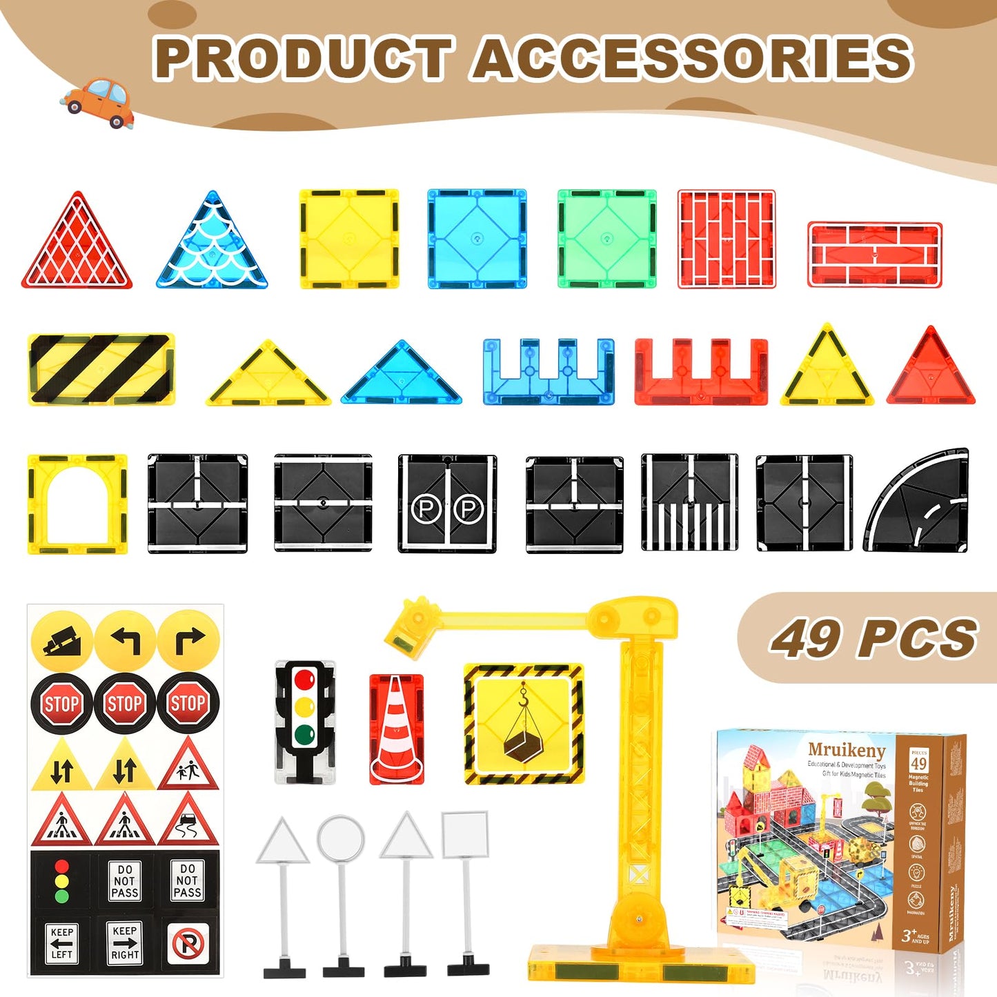 Mruikeny Magnetic Tiles Road Set – Magnetic City Construction Toys with Crane for Ages 3–8