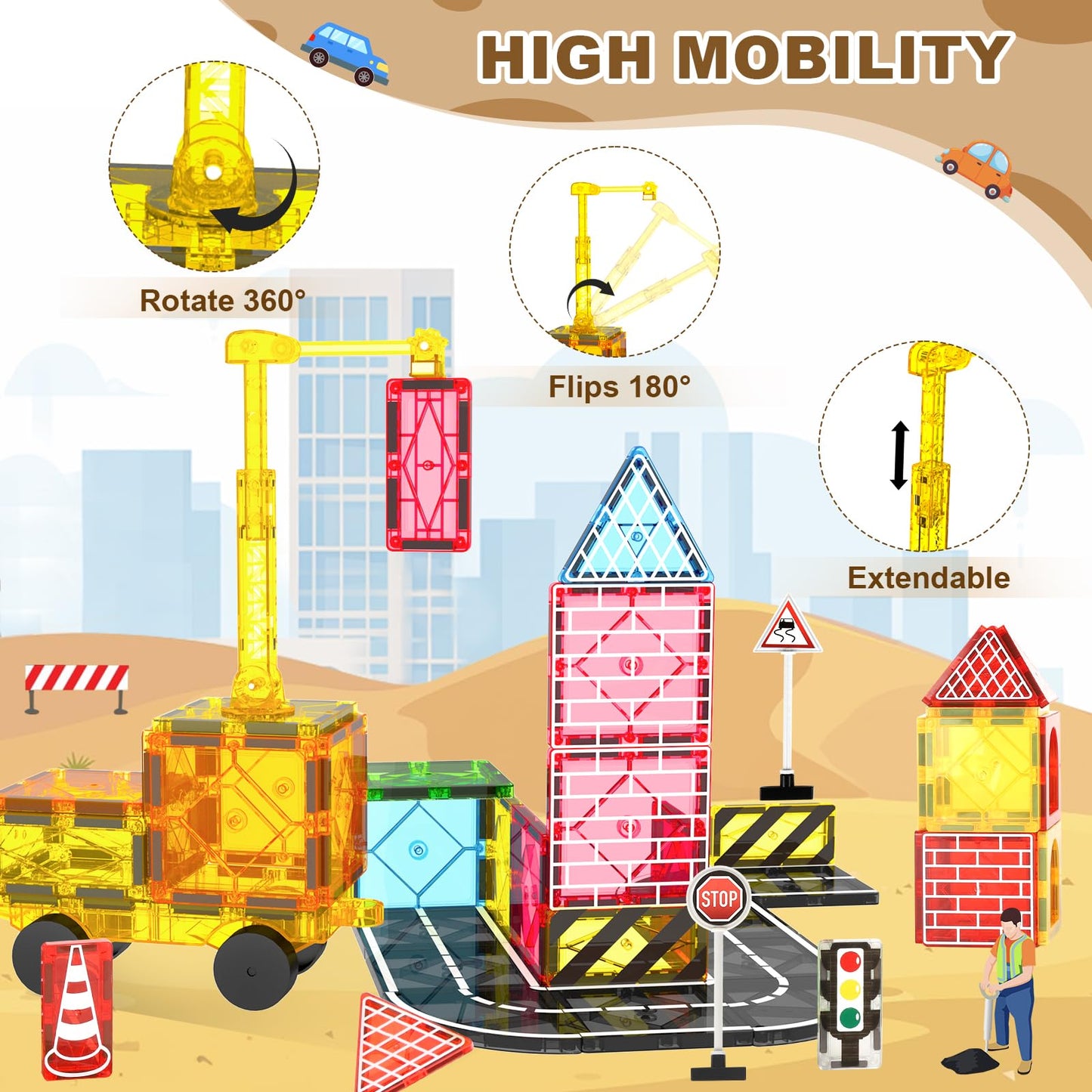 Mruikeny Magnetic Tiles Road Set – Magnetic City Construction Toys with Crane for Ages 3–8
