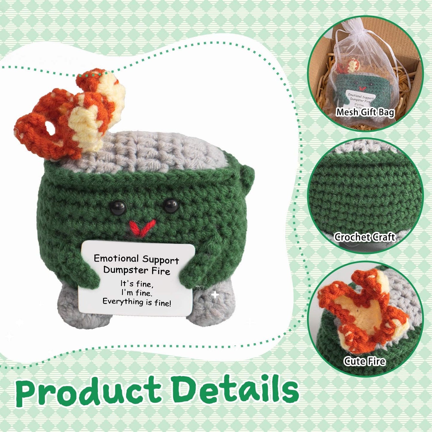 MS ZHENQIAO Emotional Support Crochet Dumpster Fire with Positive Card – Handmade Funny Gift & Desk Decor (Green)