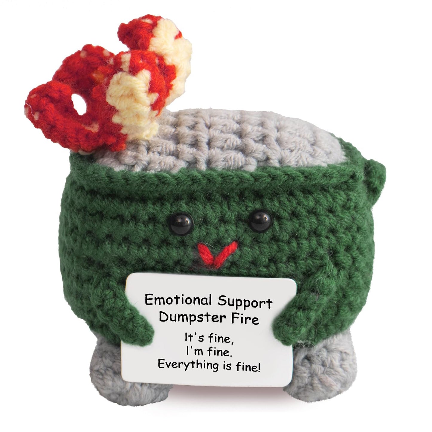MS ZHENQIAO Emotional Support Crochet Dumpster Fire with Positive Card – Handmade Funny Gift & Desk Decor (Green)
