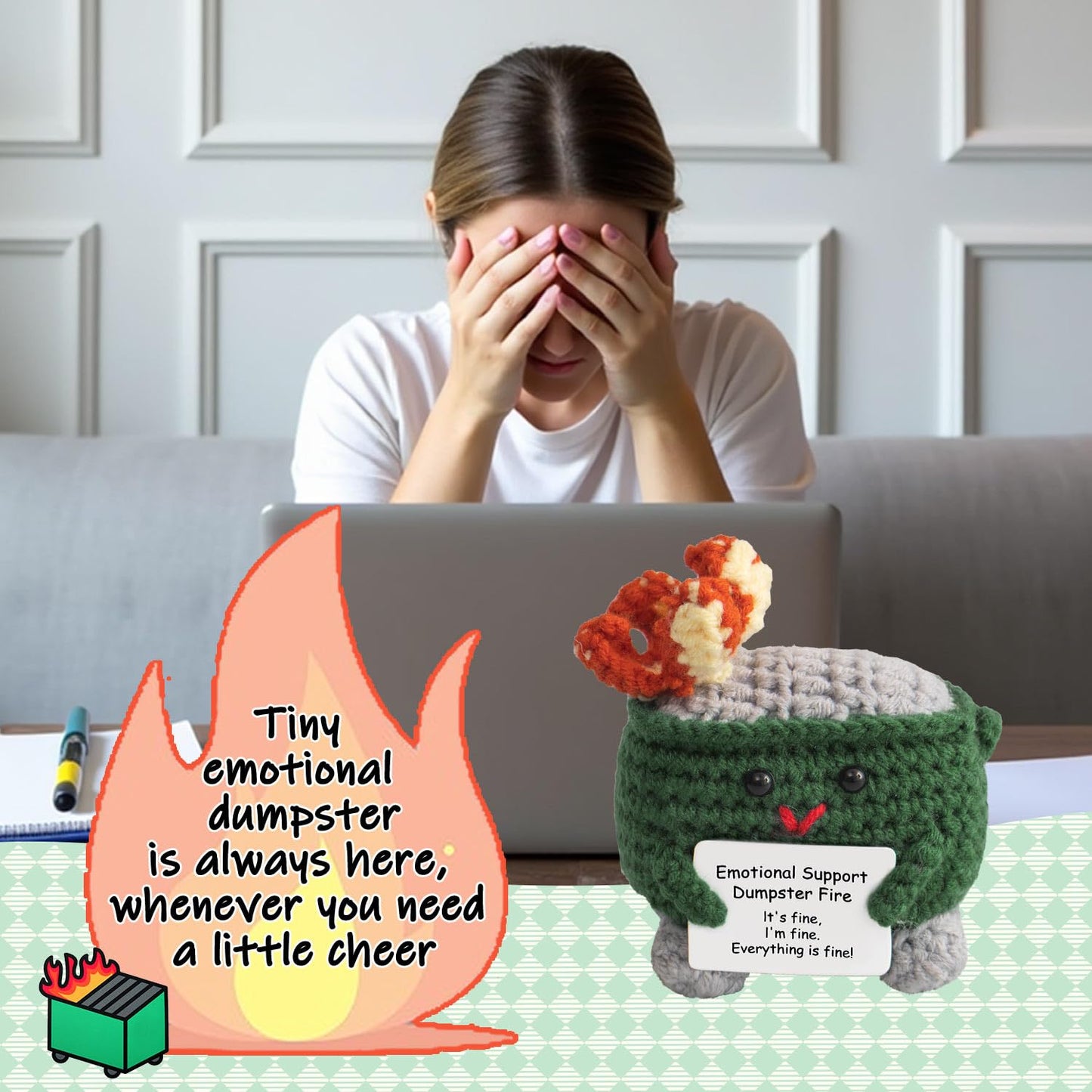 MS ZHENQIAO Emotional Support Crochet Dumpster Fire with Positive Card – Handmade Funny Gift & Desk Decor (Green)