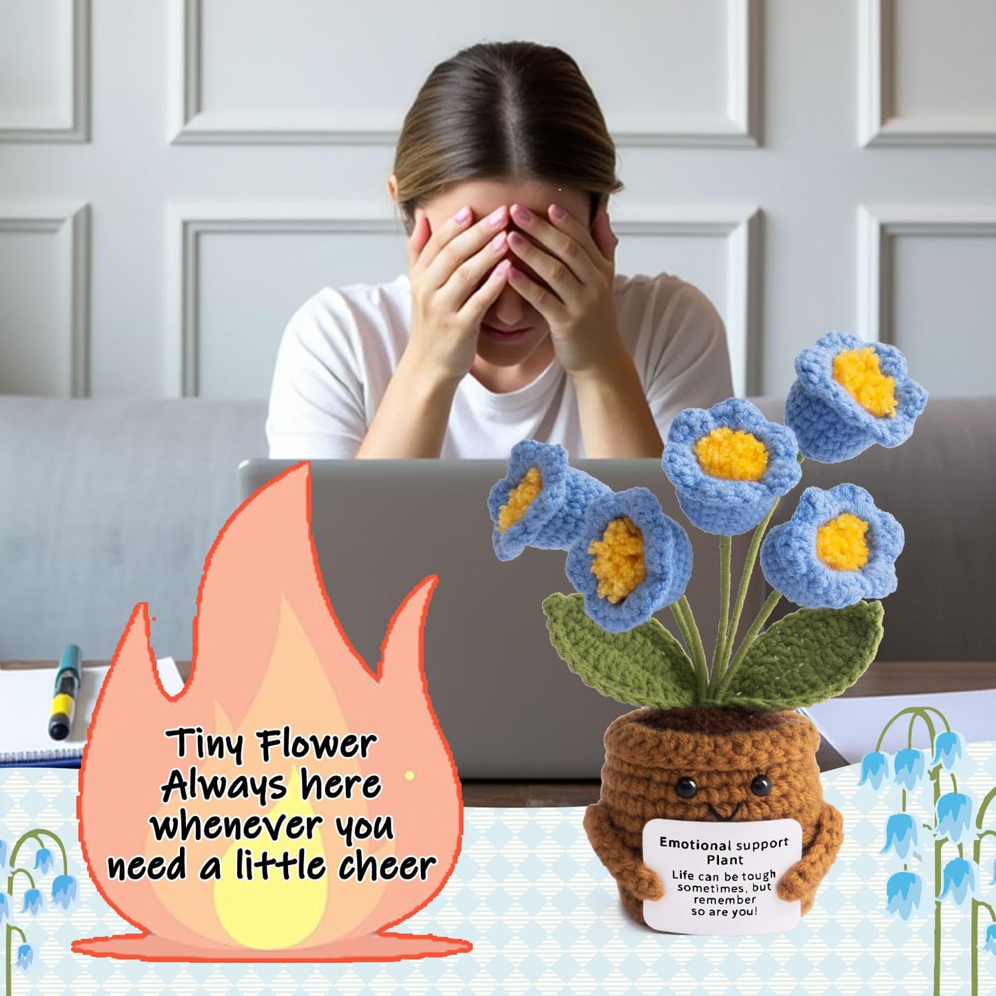 MS ZHENQIAO Handmade Positive Flower Crochet – Inspirational Gift & Knitted Desk Decor