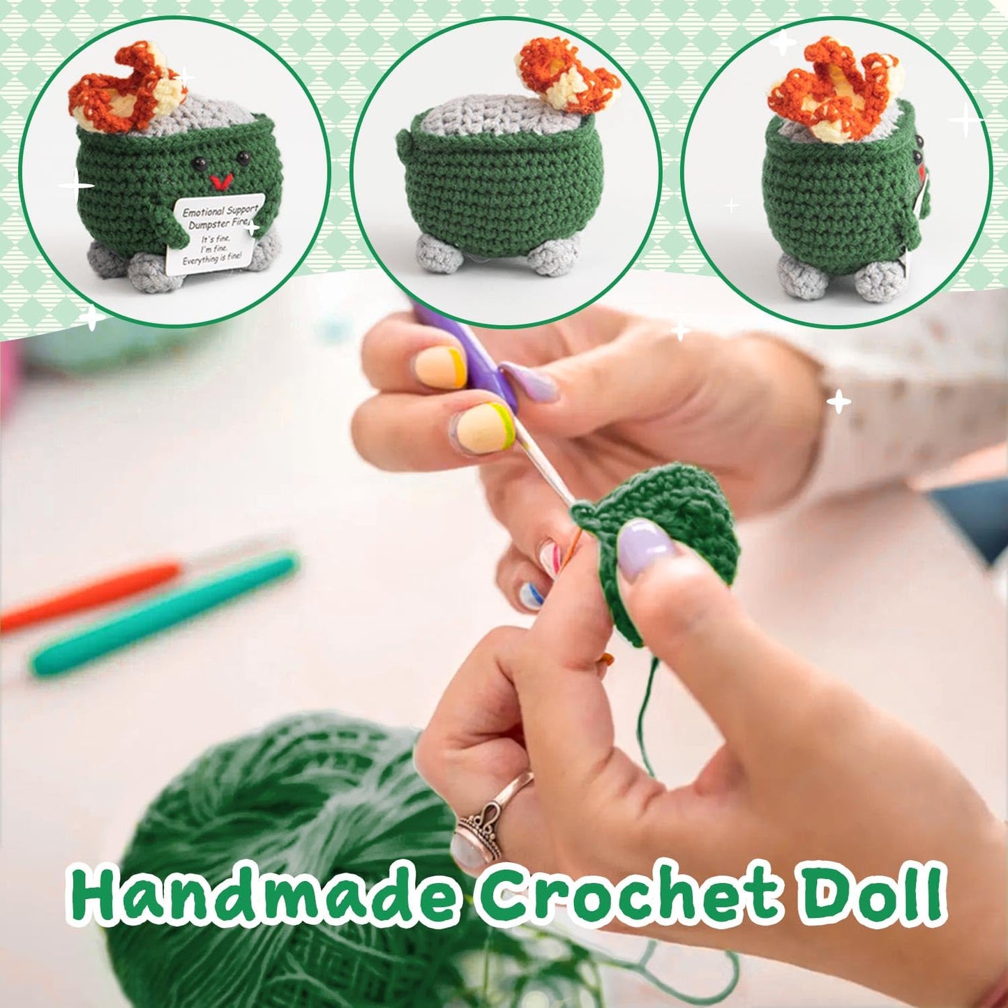 MS ZHENQIAO Emotional Support Crochet Dumpster Fire with Positive Card – Handmade Funny Gift & Desk Decor (Green)