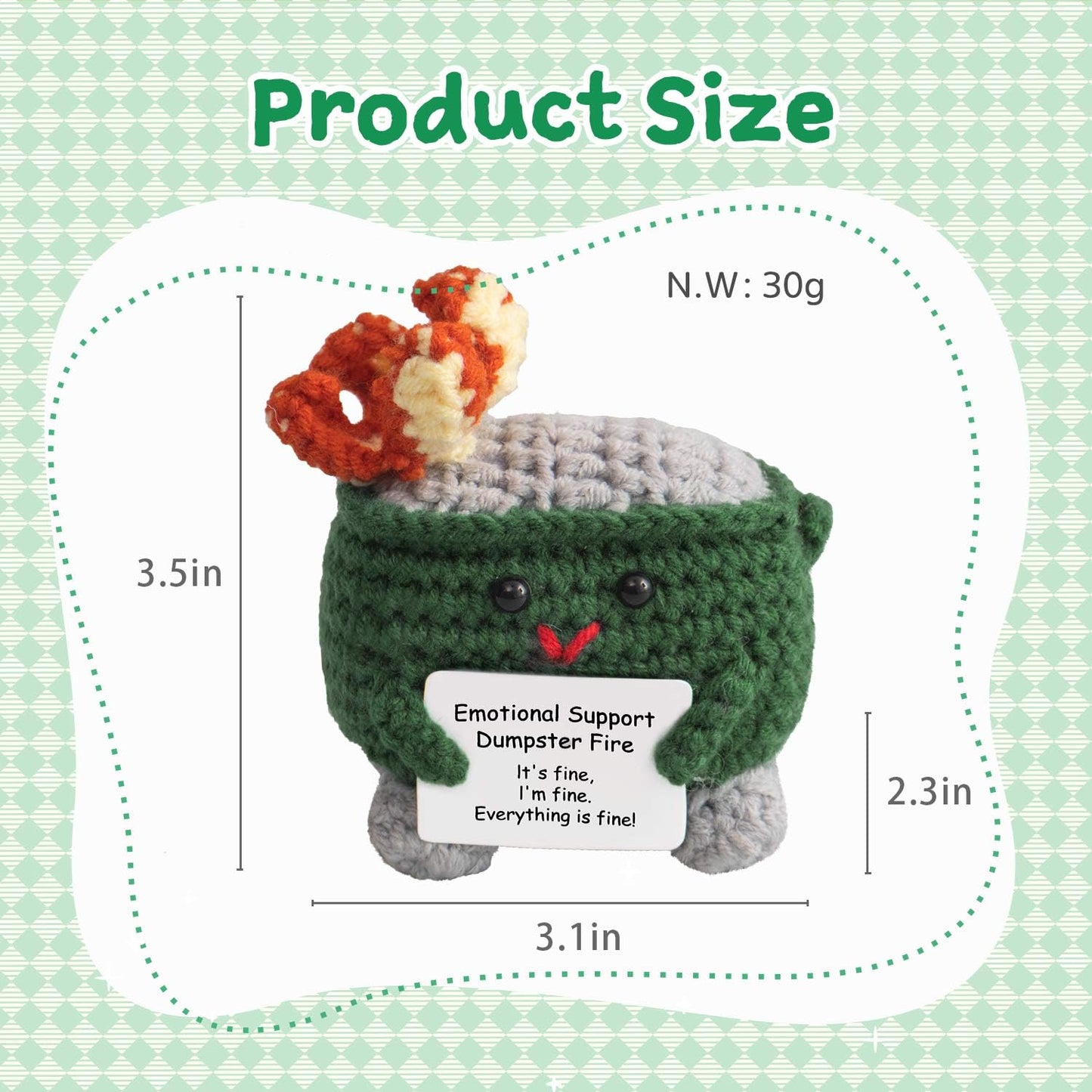 MS ZHENQIAO Emotional Support Crochet Dumpster Fire with Positive Card – Handmade Funny Gift & Desk Decor (Green)