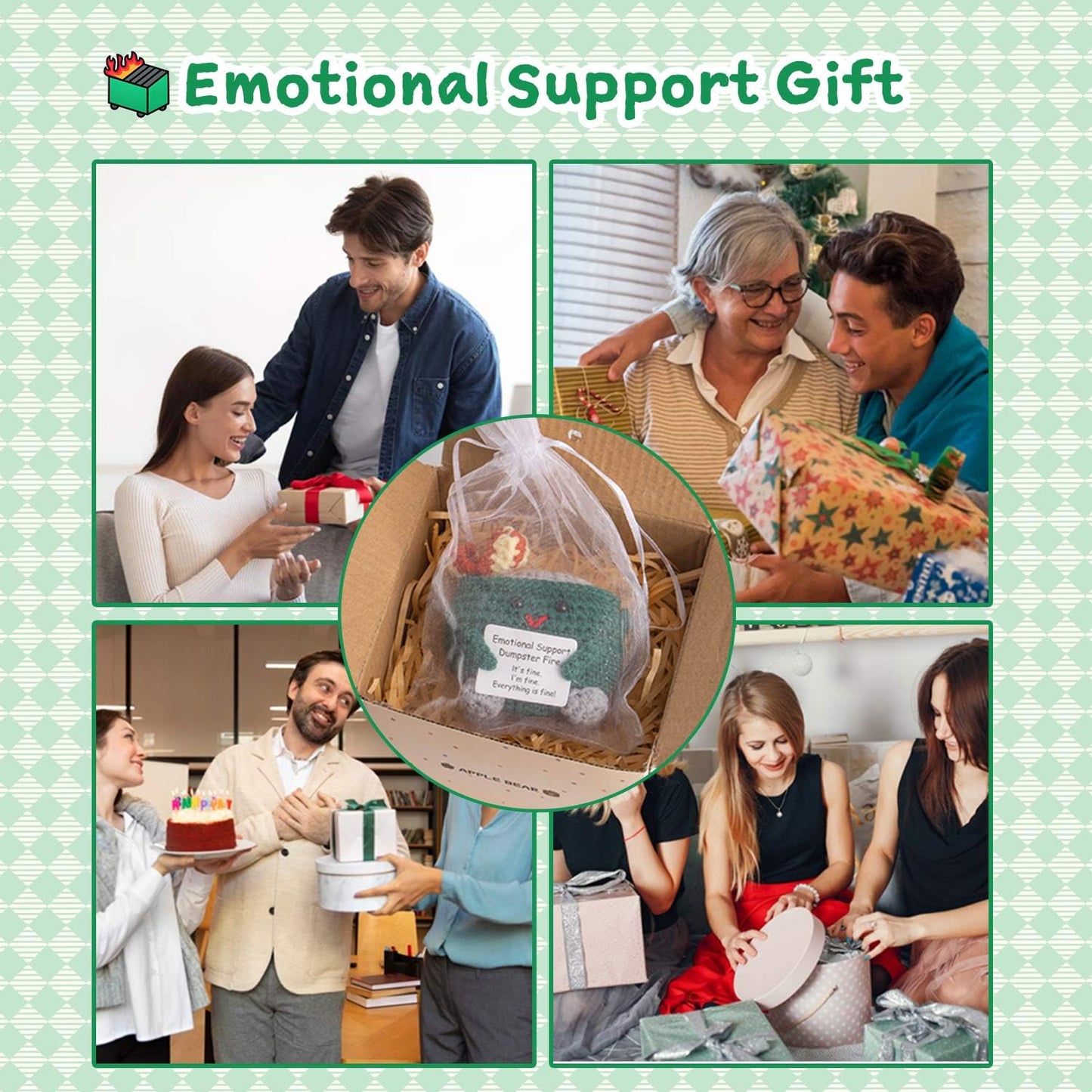 MS ZHENQIAO Emotional Support Crochet Dumpster Fire with Positive Card – Handmade Funny Gift & Desk Decor (Green)