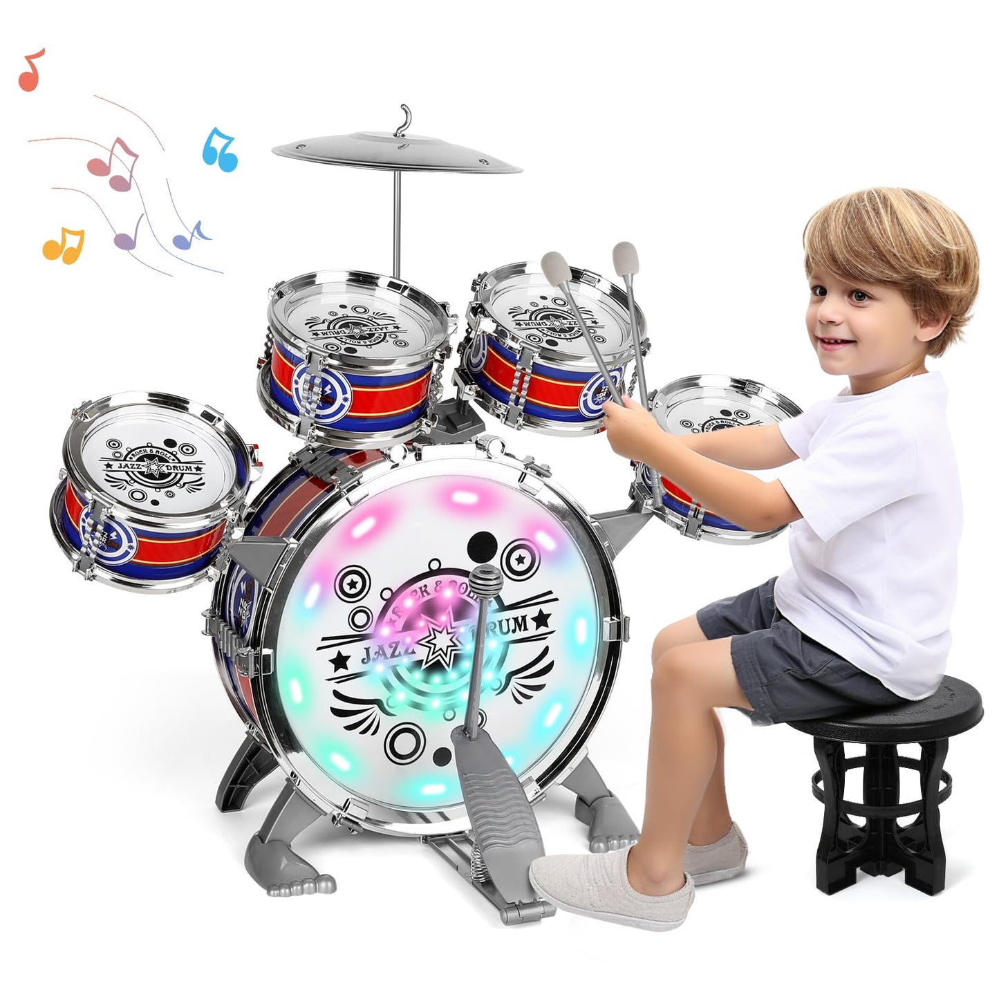 M SANMERSEN 5-Piece Kids Drum Set for Toddlers – Stool, Cymbal & Sticks