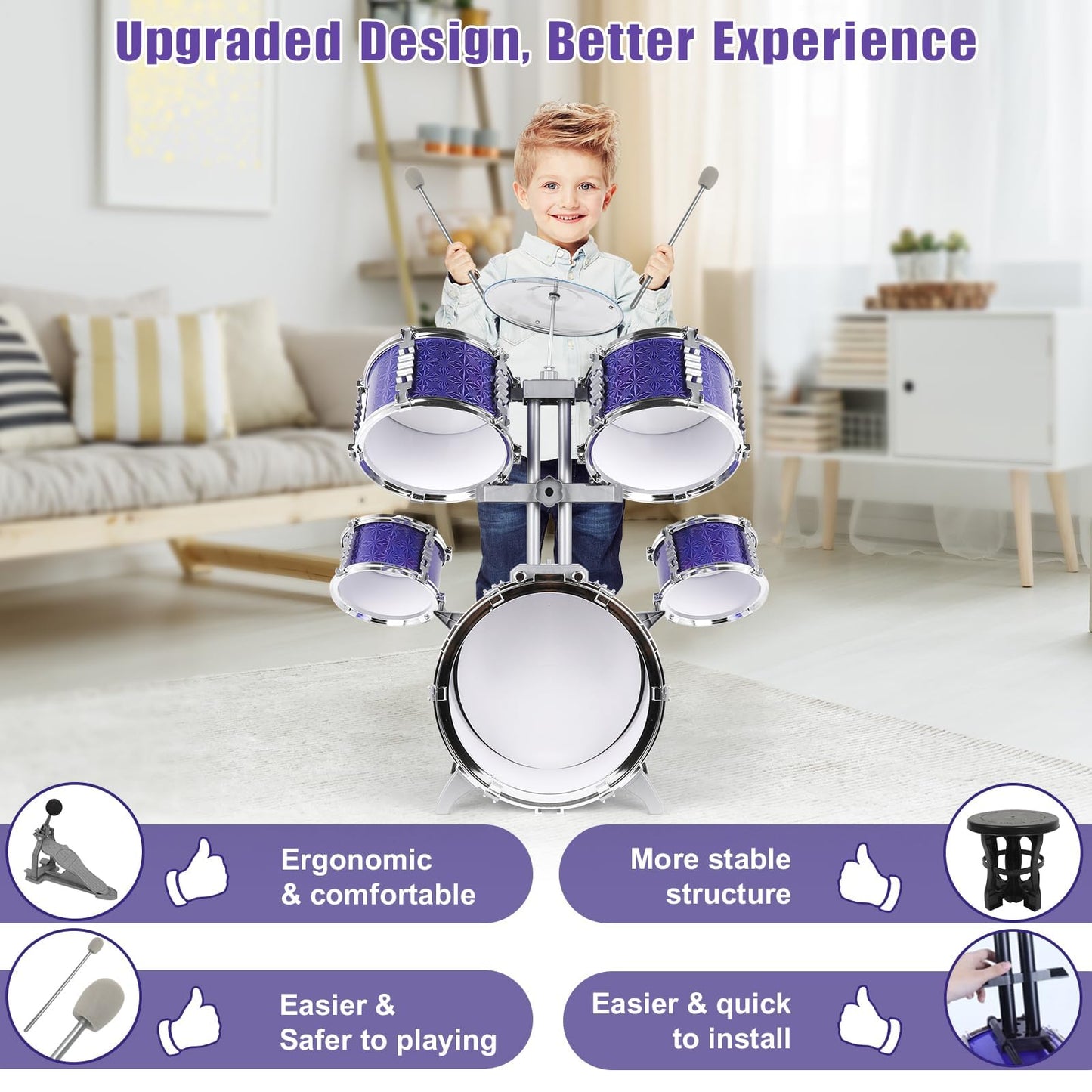 M SANMERSEN Kids Jazz Drum Set – Beginner 5-Piece Drum Kit for Ages 3-8 | Educational Toy Gift