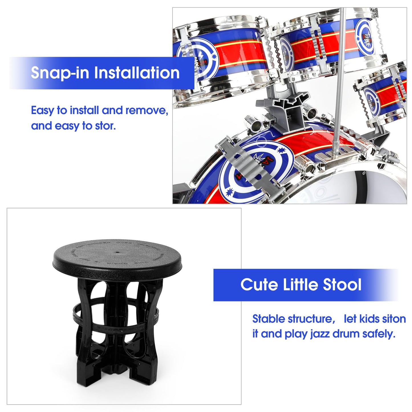 M SANMERSEN 5-Piece Kids Drum Set for Toddlers – Stool, Cymbal & Sticks