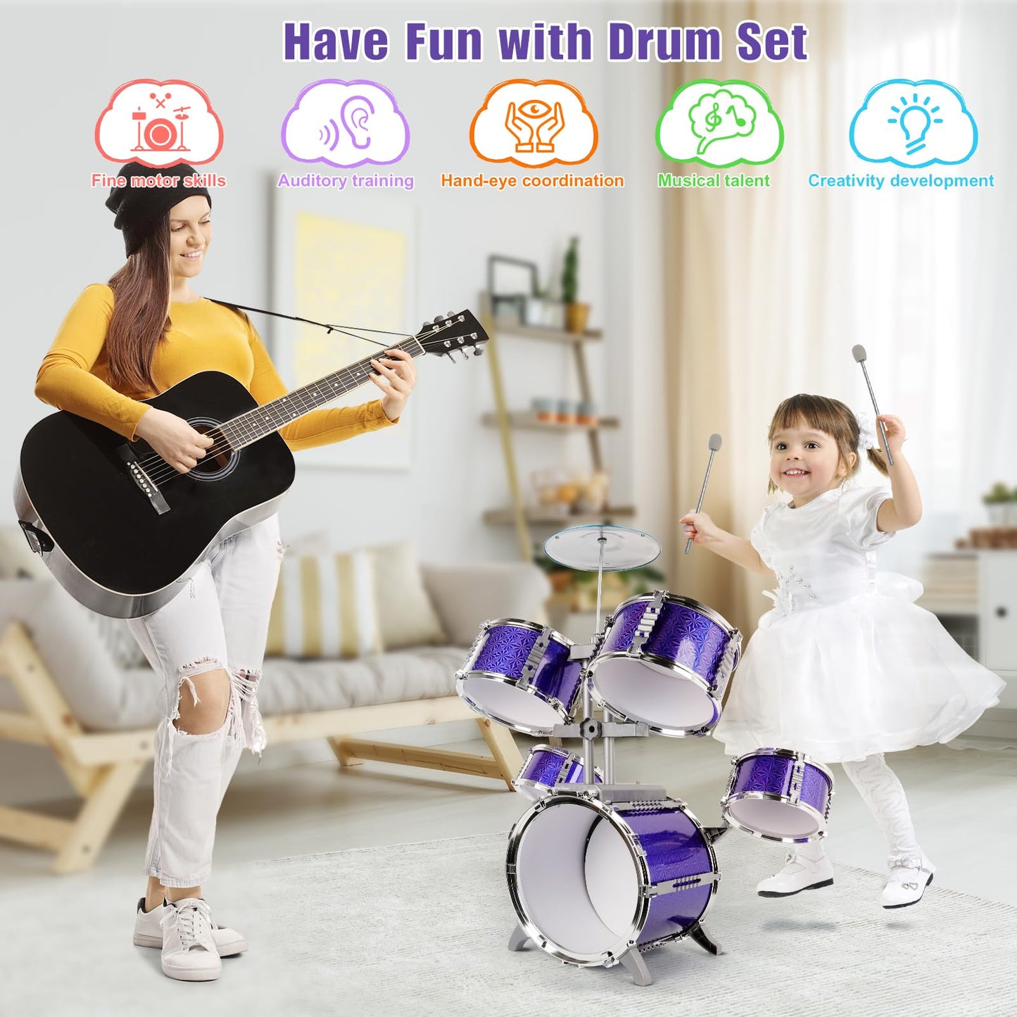 M SANMERSEN Kids Jazz Drum Set – Beginner 5-Piece Drum Kit for Ages 3-8 | Educational Toy Gift