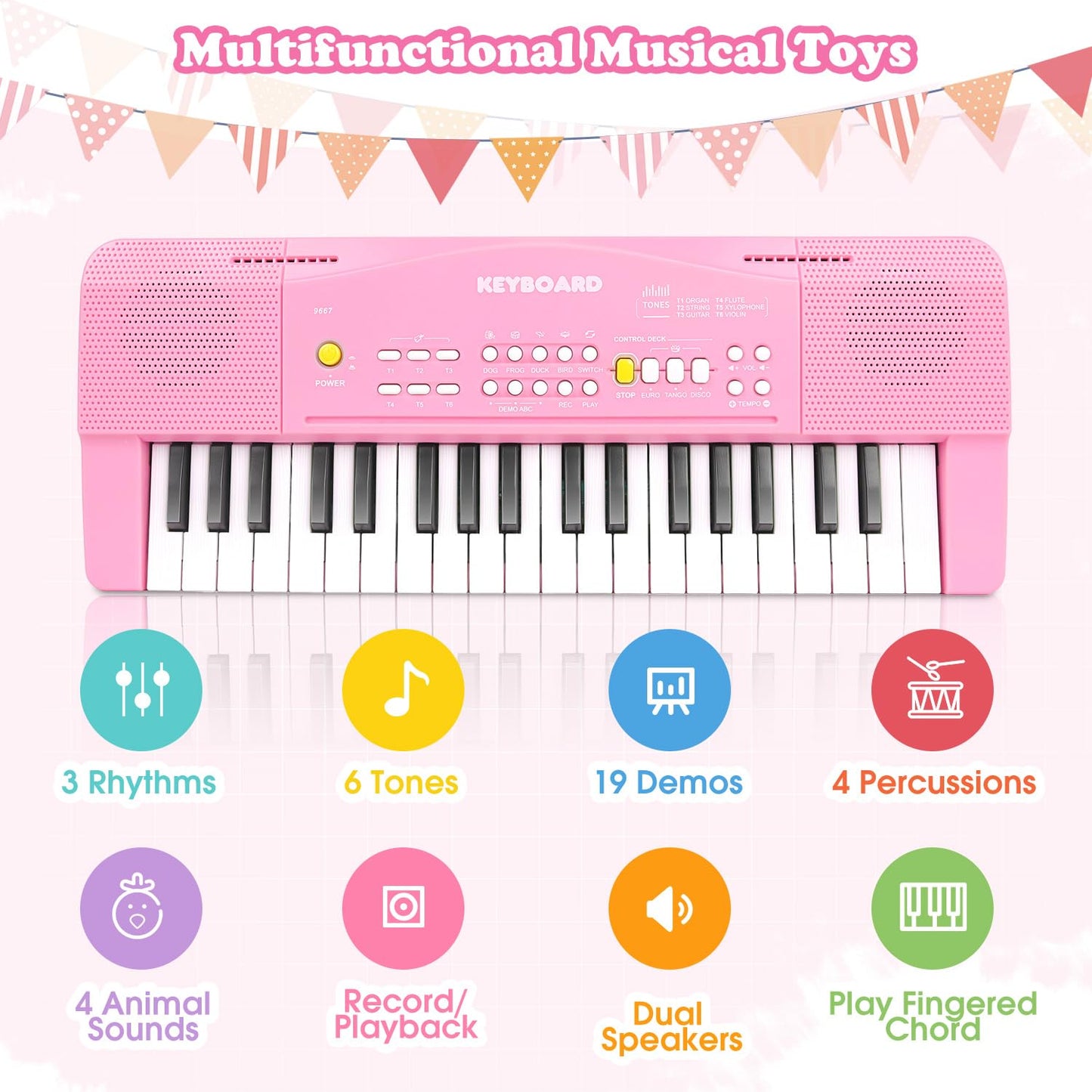 M SANMERSEN Toy Piano Keyboard for Kids – 37-Key Beginner Piano with Record & Playback (Pink)