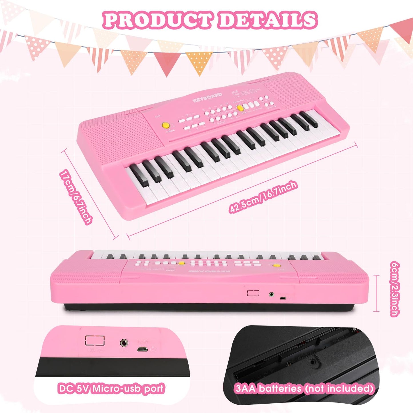 M SANMERSEN Toy Piano Keyboard for Kids – 37-Key Beginner Piano with Record & Playback (Pink)