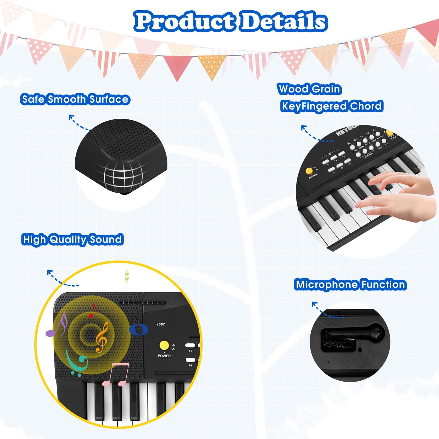 M SANMERSEN Toy Piano Keyboard for Kids – 37-Key Beginner Electric Piano with Microphone (Ages 3–8)