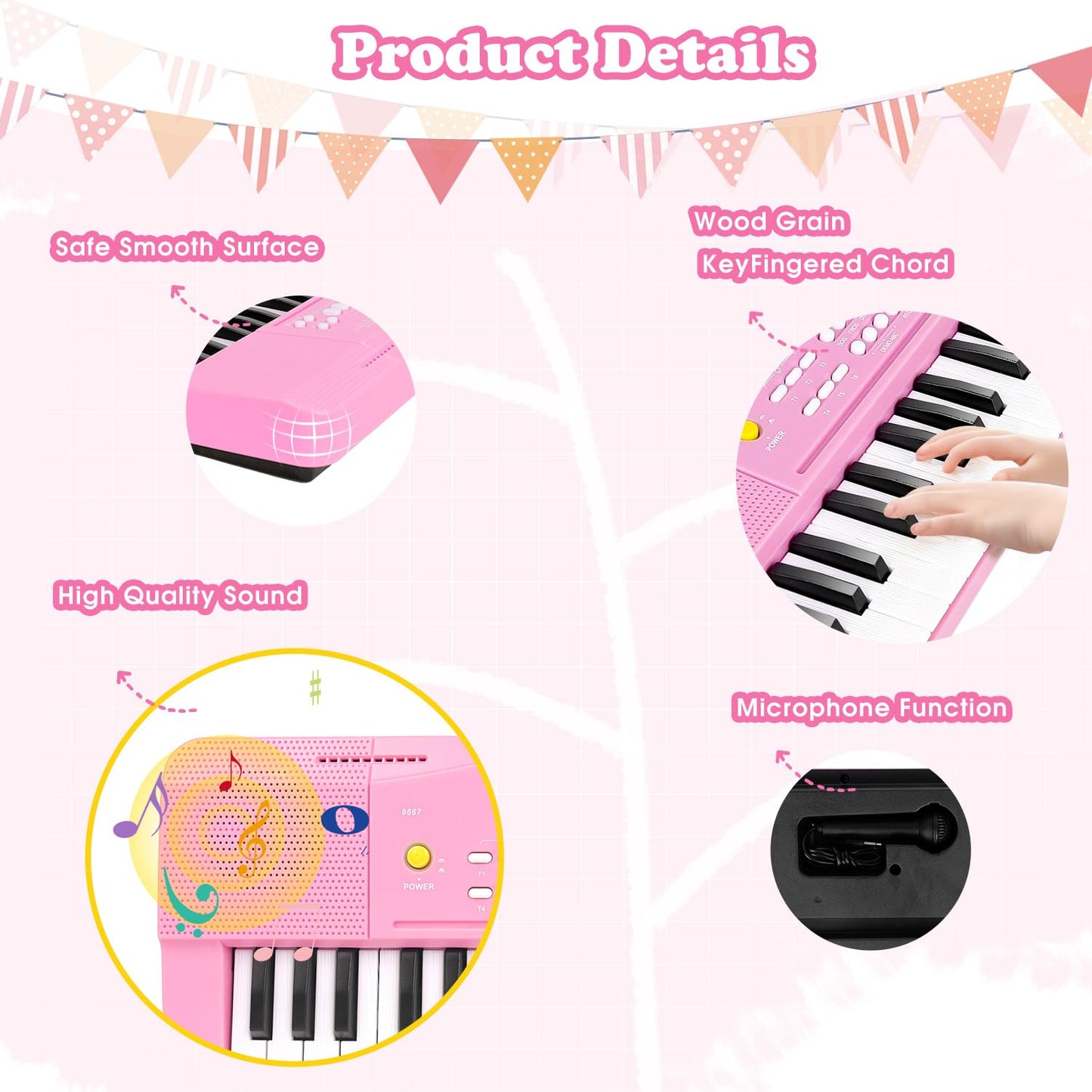 M SANMERSEN Toy Piano Keyboard for Kids – 37-Key Beginner Piano with Record & Playback (Pink)