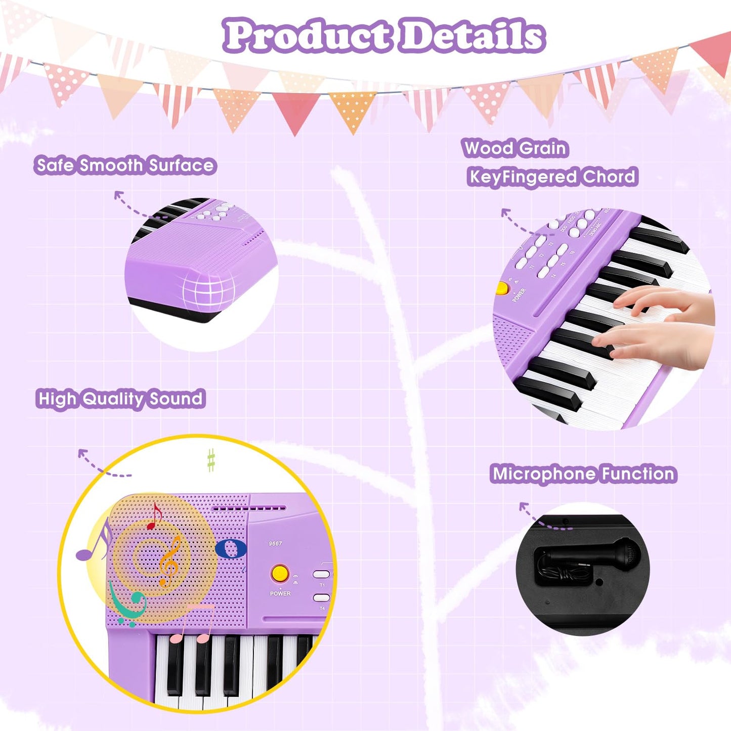 M SANMERSEN Toy Piano for Kids – Purple 37-Key Keyboard with Microphone