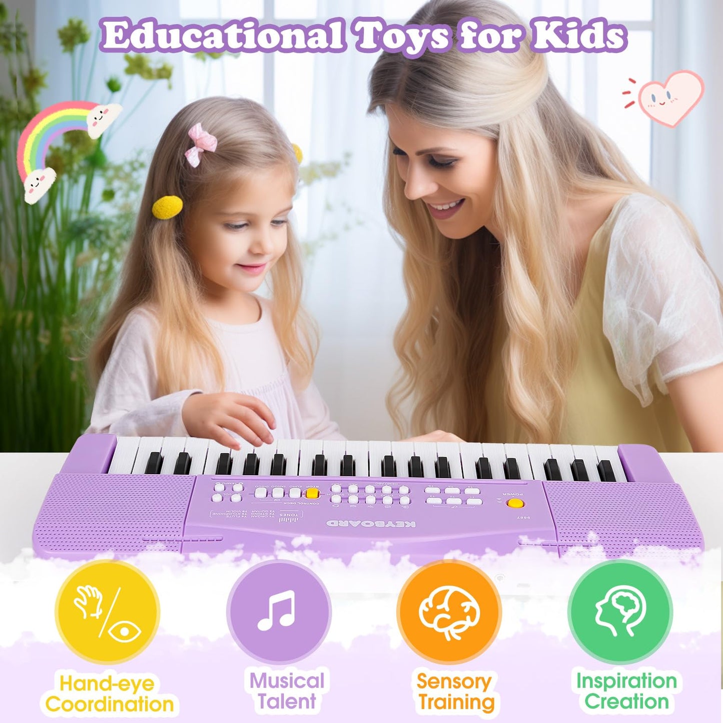M SANMERSEN Toy Piano for Kids – Purple 37-Key Keyboard with Microphone