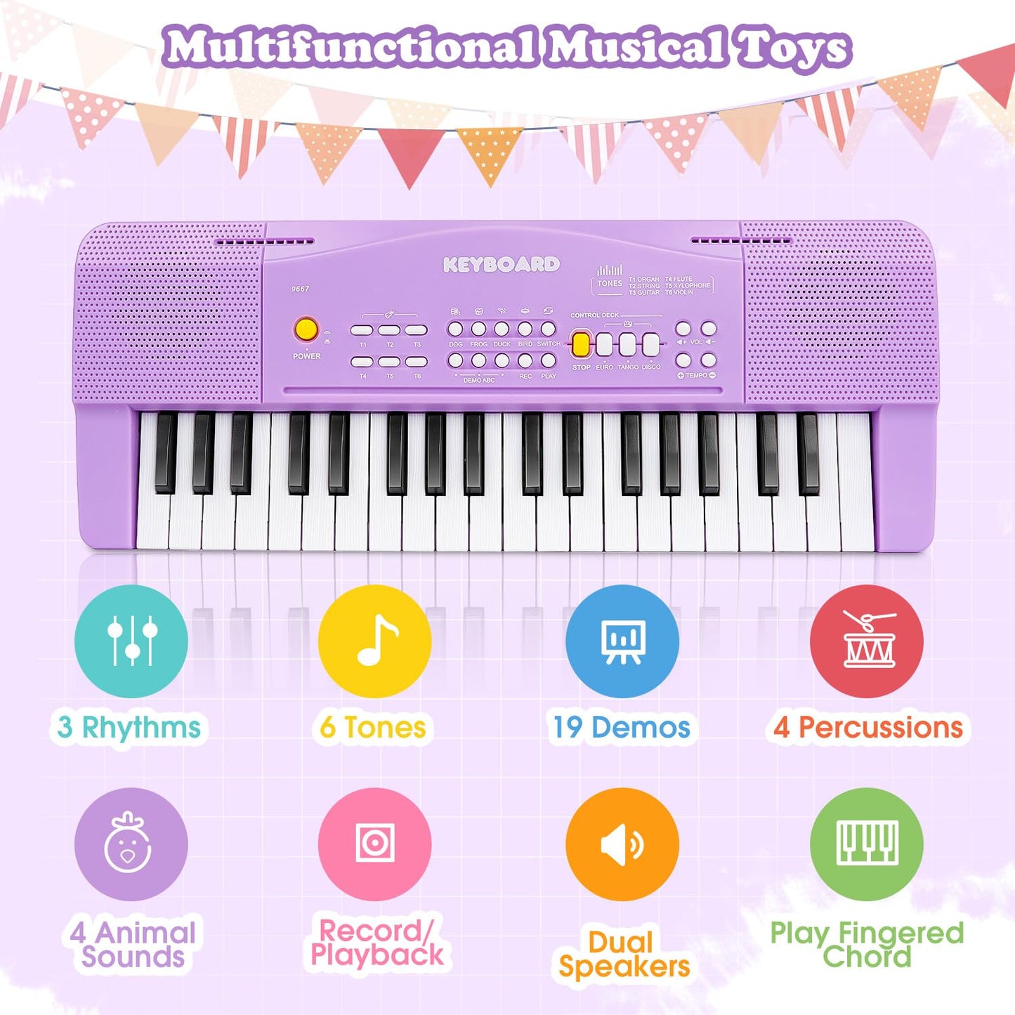 M SANMERSEN Toy Piano for Kids – Purple 37-Key Keyboard with Microphone