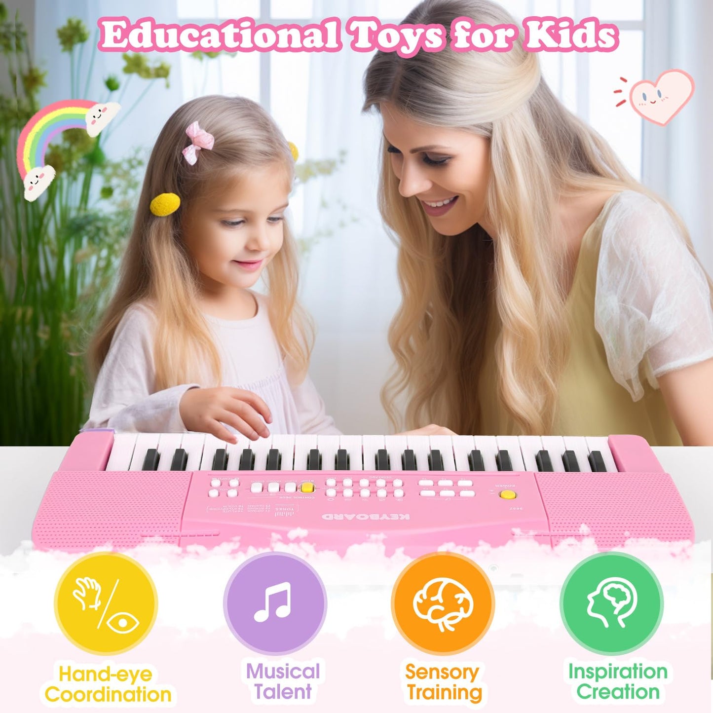 M SANMERSEN Toy Piano Keyboard for Kids – 37-Key Beginner Piano with Record & Playback (Pink)