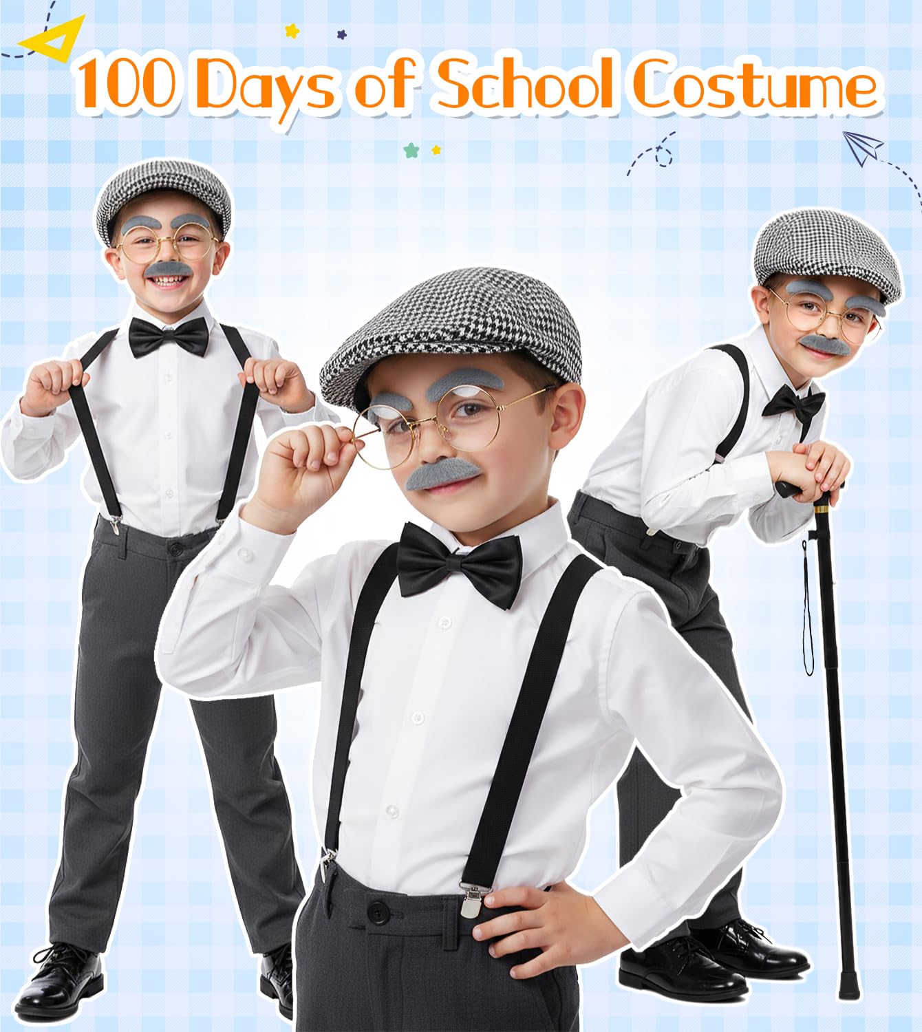 Mscawow Old Man Costume for Kids – 100 Days Outfit with Hat, Glasses, Suspenders & Cane (White)