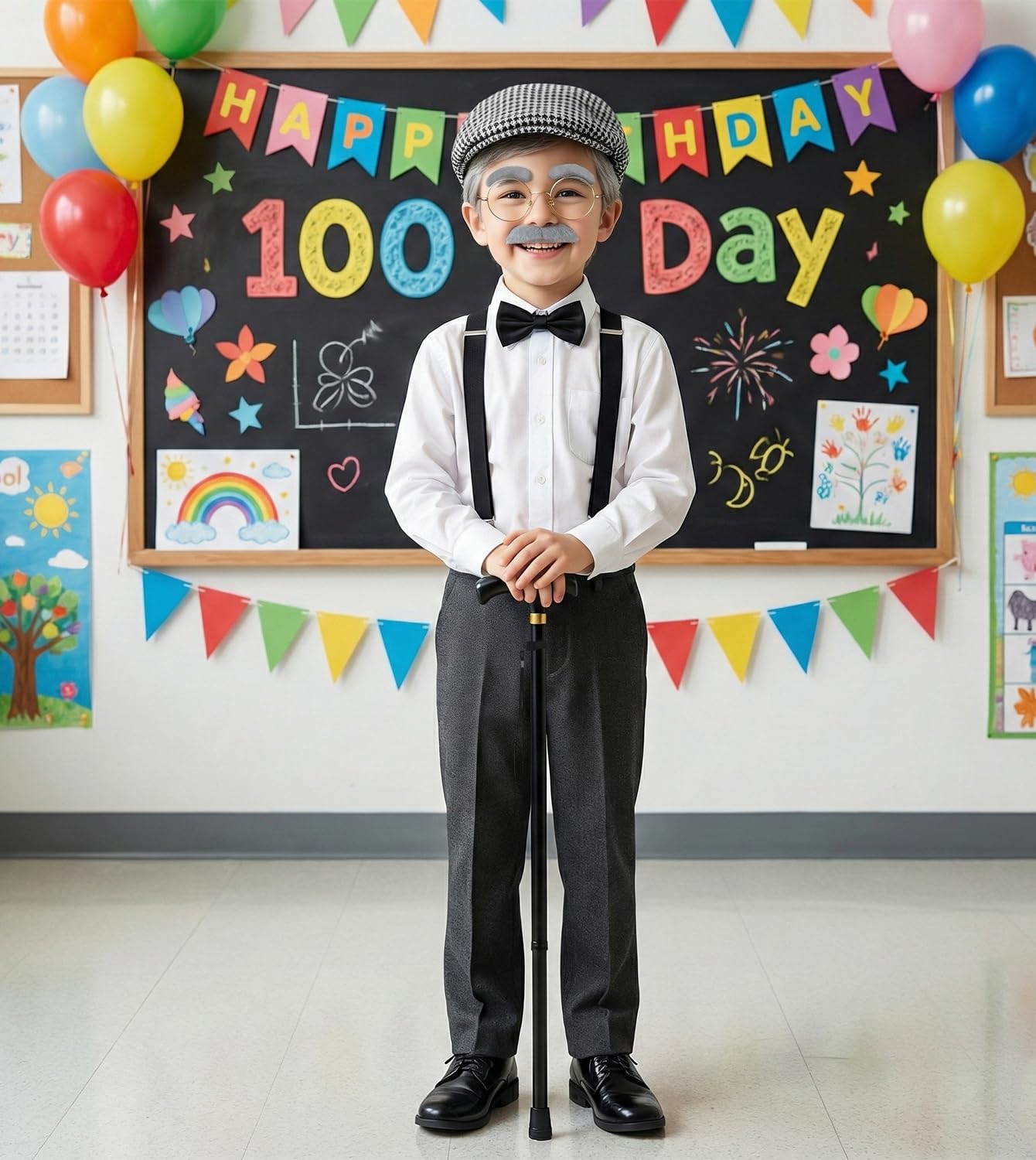 Mscawow Old Man Costume for Kids – 100 Days Outfit with Hat, Glasses, Suspenders & Cane (White)