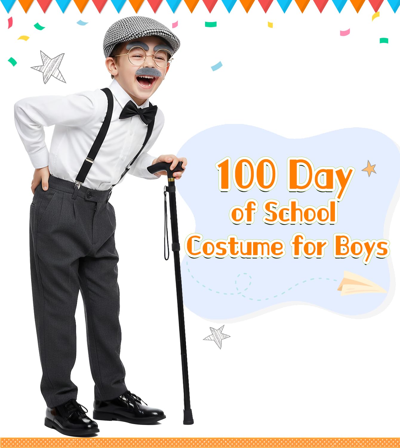 Mscawow Old Man Costume for Kids – 100 Days Outfit with Hat, Glasses, Suspenders & Cane (White)