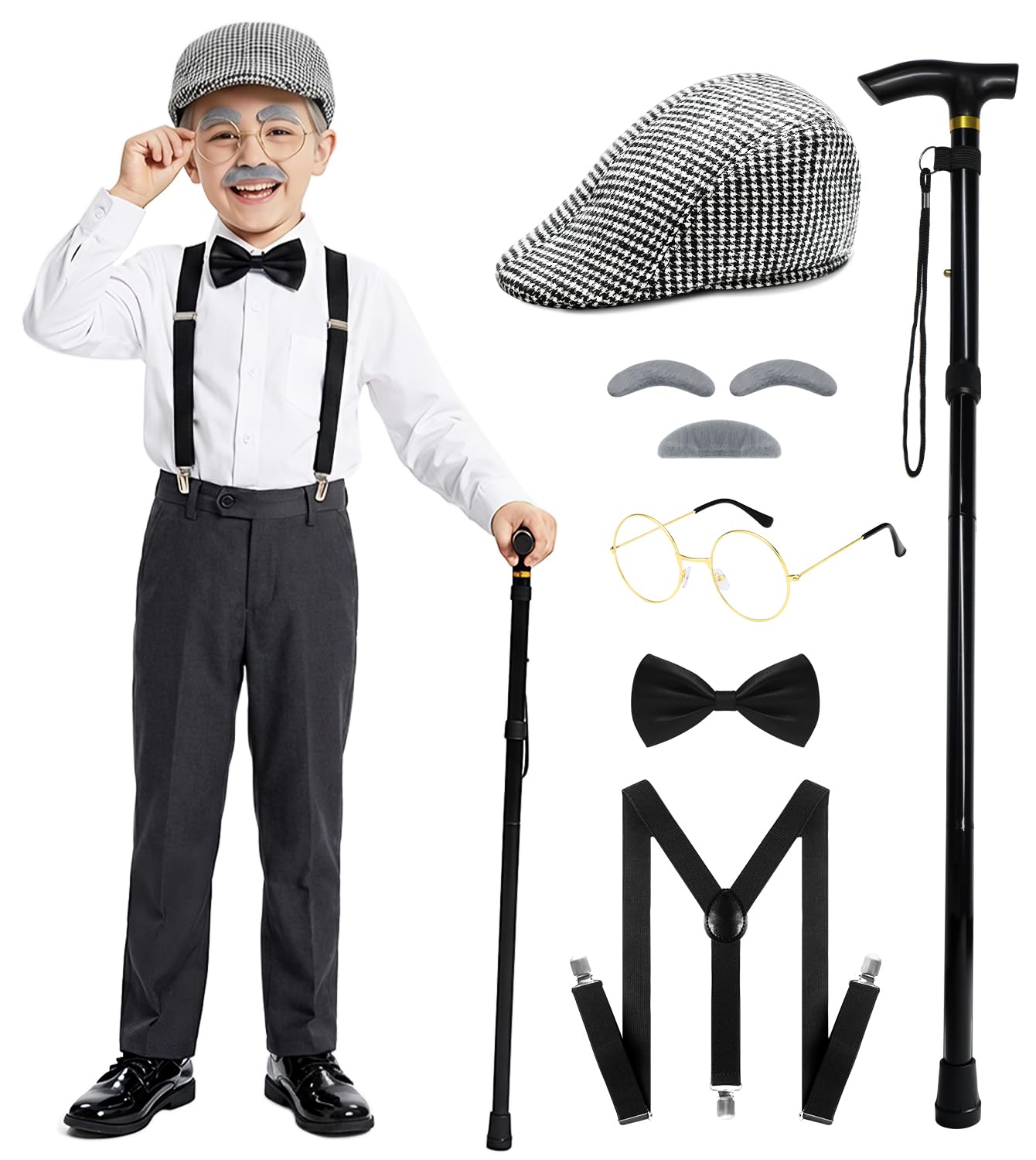 Mscawow Old Man Costume for Kids – 100 Days Outfit with Hat, Glasses, Suspenders & Cane (White)