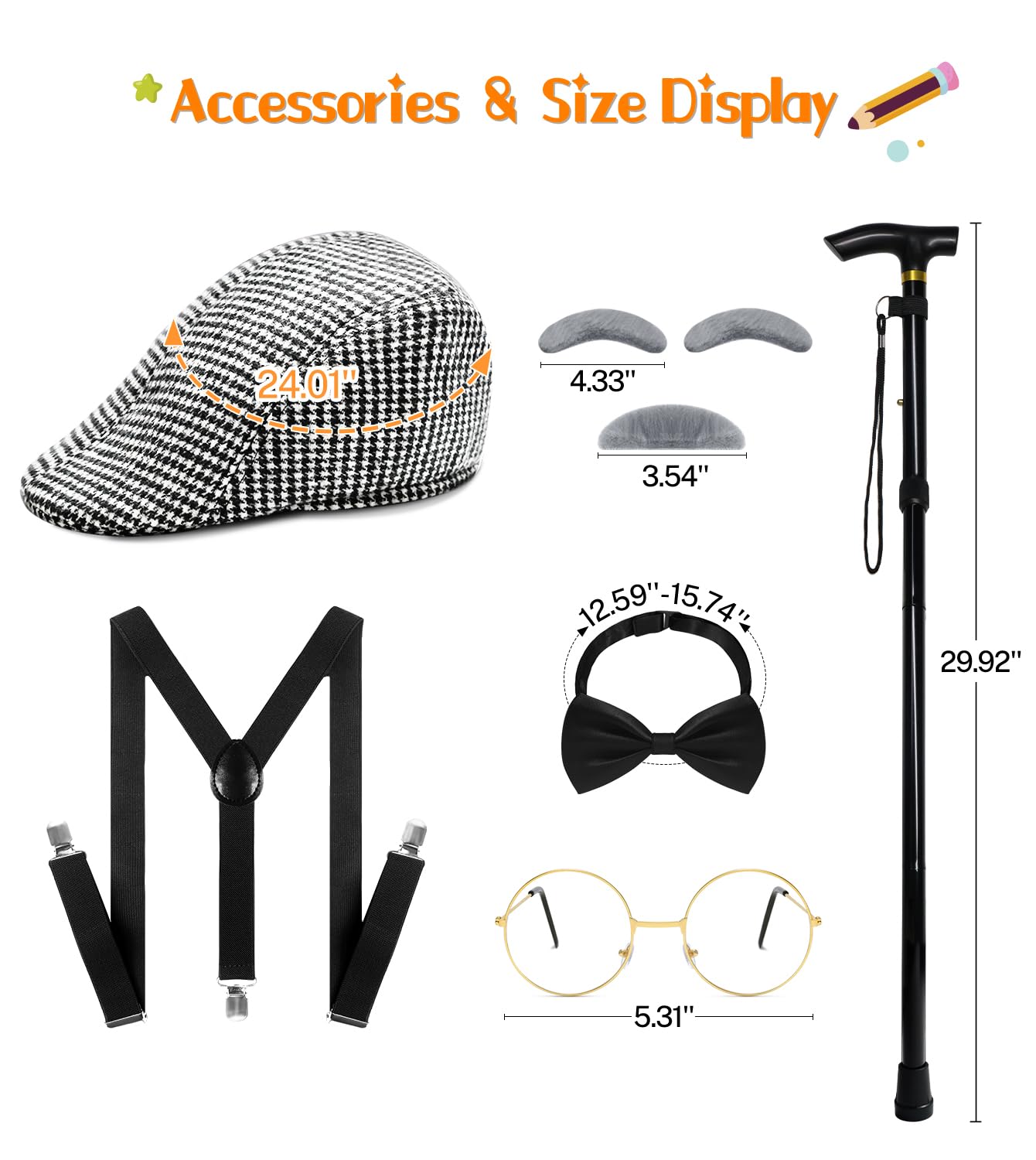 Mscawow Old Man Costume for Kids – 100 Days Outfit with Hat, Glasses, Suspenders & Cane (White)