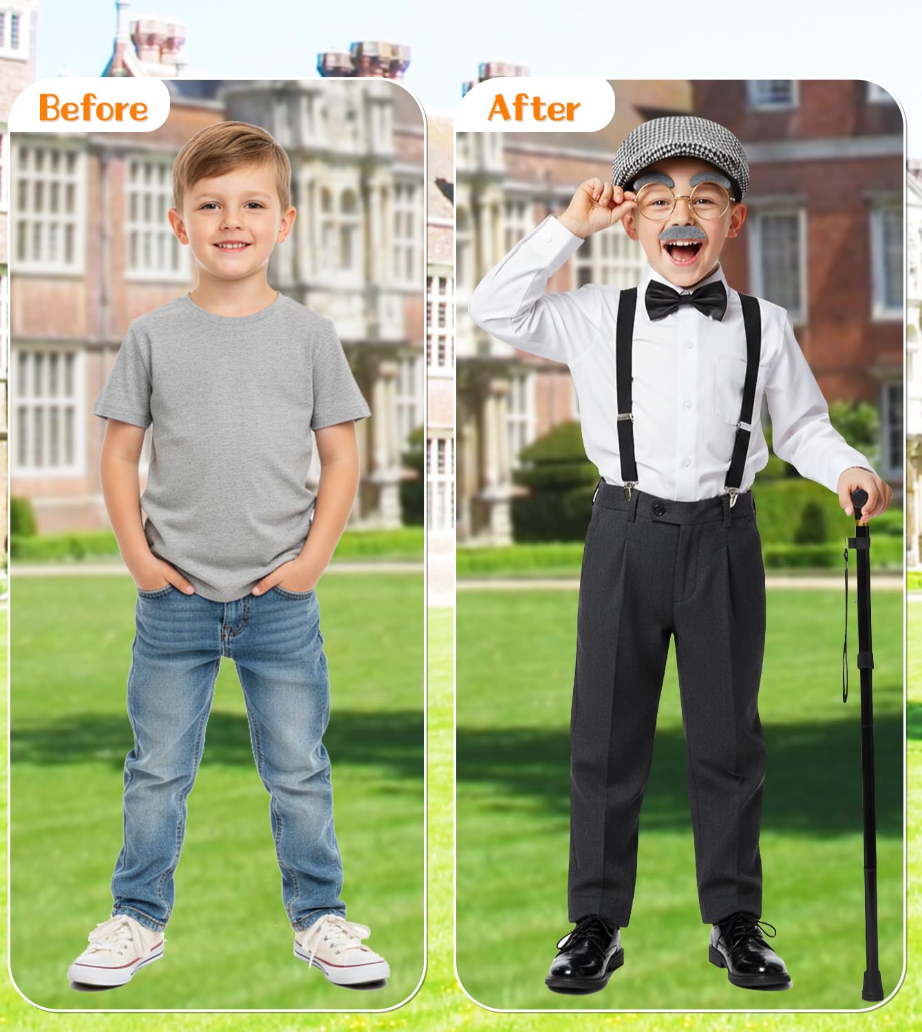 Mscawow Old Man Costume for Kids – 100 Days Outfit with Hat, Glasses, Suspenders & Cane (White)