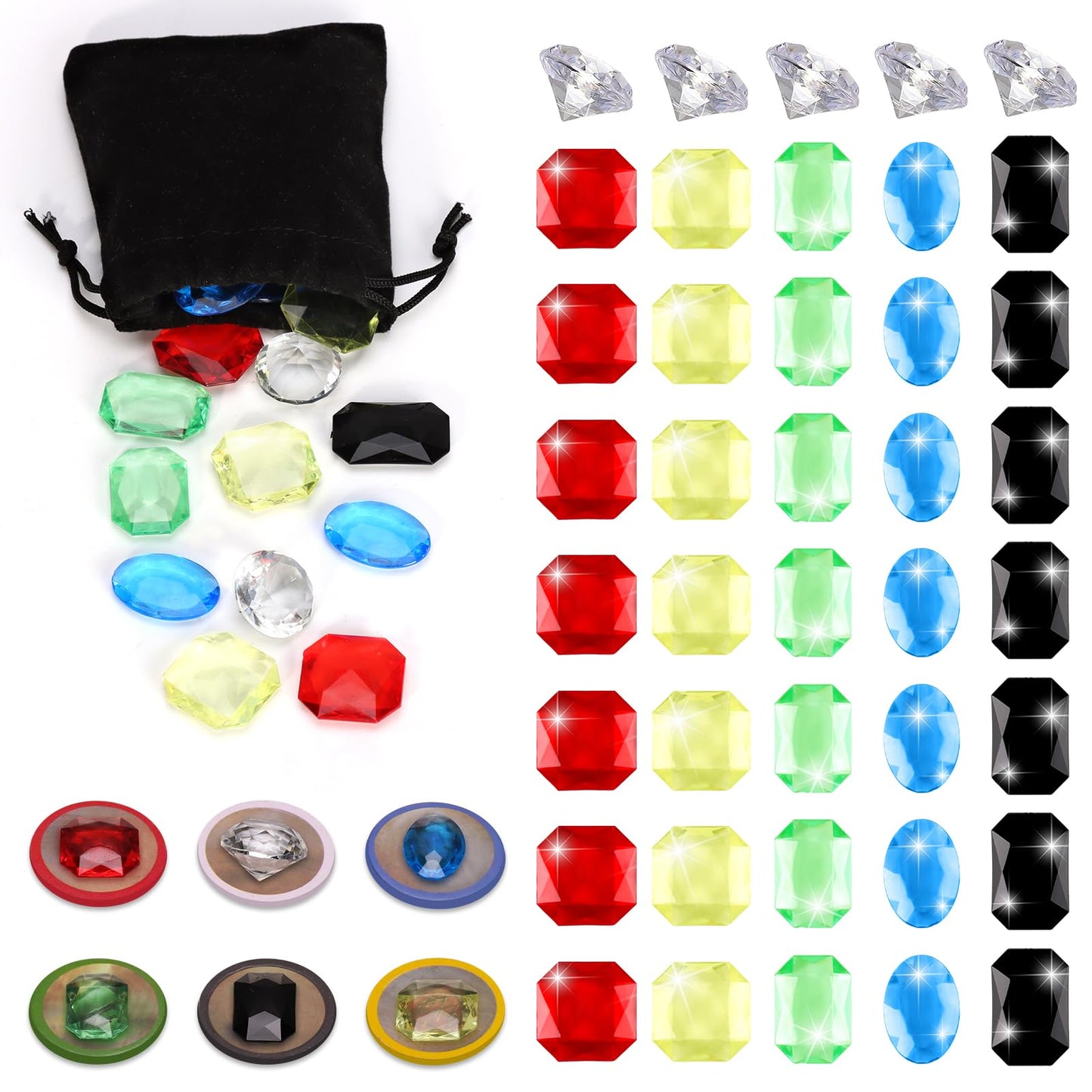 MSHUNKEJI 40 Pcs Board Game Gems – 6 Styles, Glass & Plastic, Black Bag