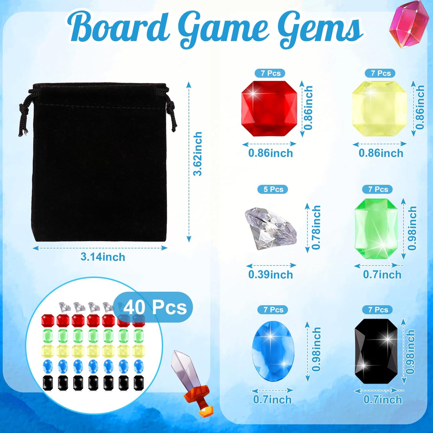 MSHUNKEJI 40 Pcs Board Game Gems – 6 Styles, Glass & Plastic, Black Bag