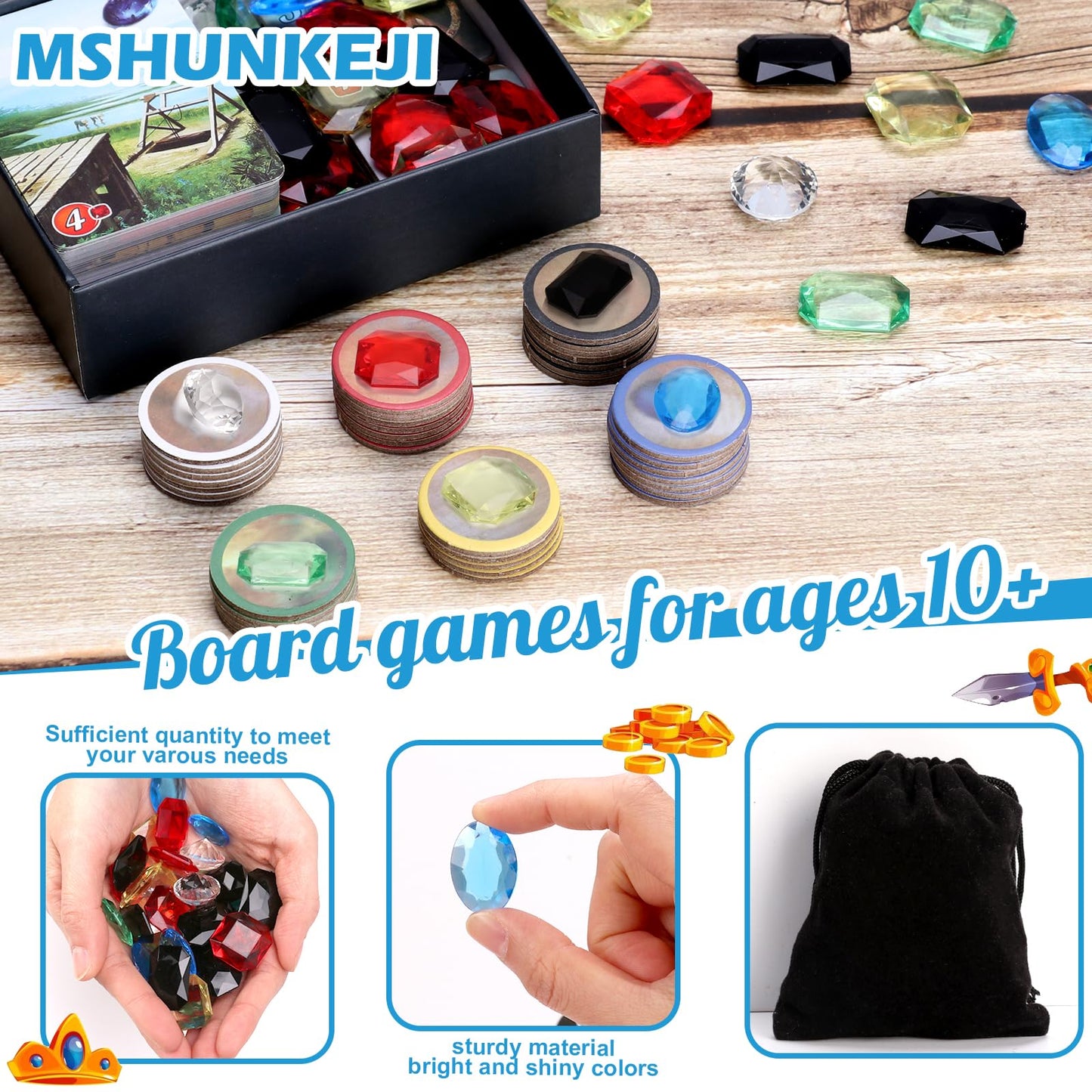 MSHUNKEJI 40 Pcs Board Game Gems – 6 Styles, Glass & Plastic, Black Bag